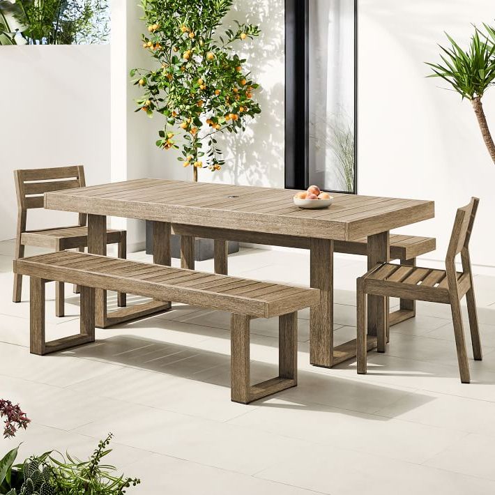 Well Liked Portside Outdoor Dining Table (76.5"), Benches (66") & Solid Wood Chairs Set (Photo 11 of 15)