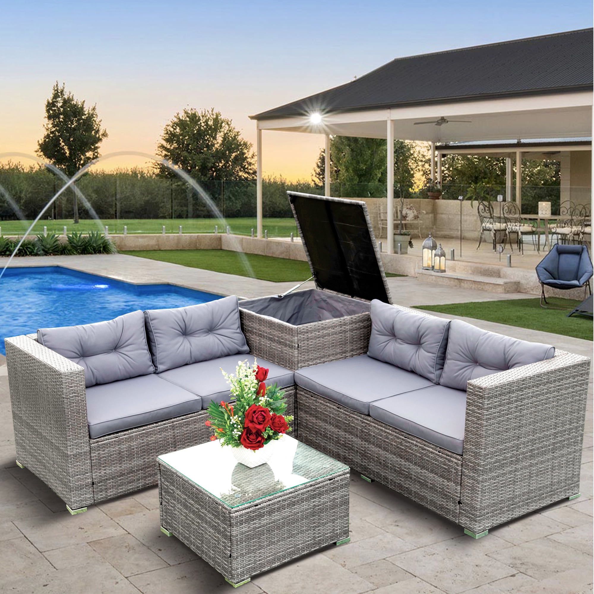 Well Liked Storage Table For Backyard, Garden, Porch Intended For 4 Piece Patio Dining Set, All Weather Outdoor Conversation Set With Storage  Ottoman, Wicker Sectional Sofa Furniture Set With Gray Cushions And Table  For Backyard, Porch, Garden, Poolside – Walmart (Photo 12 of 15)