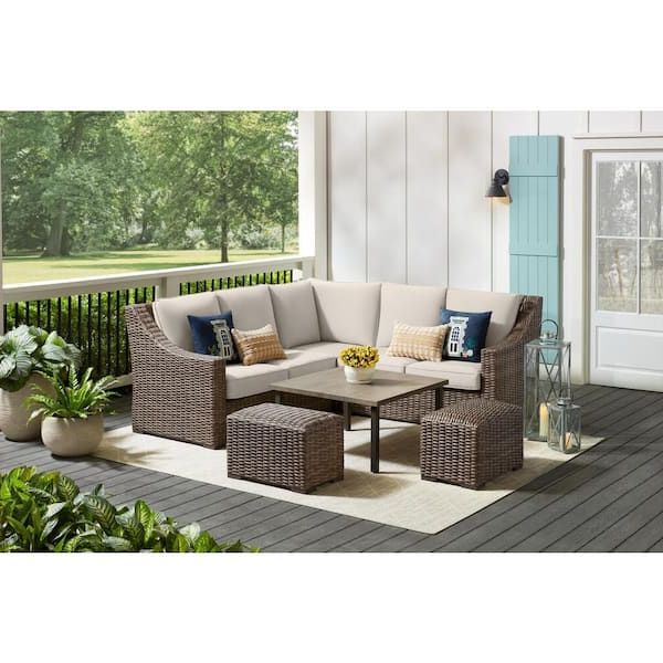 Widely Used All Weather Wicker Outdoor Cuddle Chair And Ottoman Set Within Hampton Bay Rock Cliff 6 Piece Brown Wicker Outdoor Patio Sectional Sofa Set  With Ottoman And Cushionguard Almond Tan Cushions Frs81094b Stab – The Home  Depot (Photo 13 of 15)
