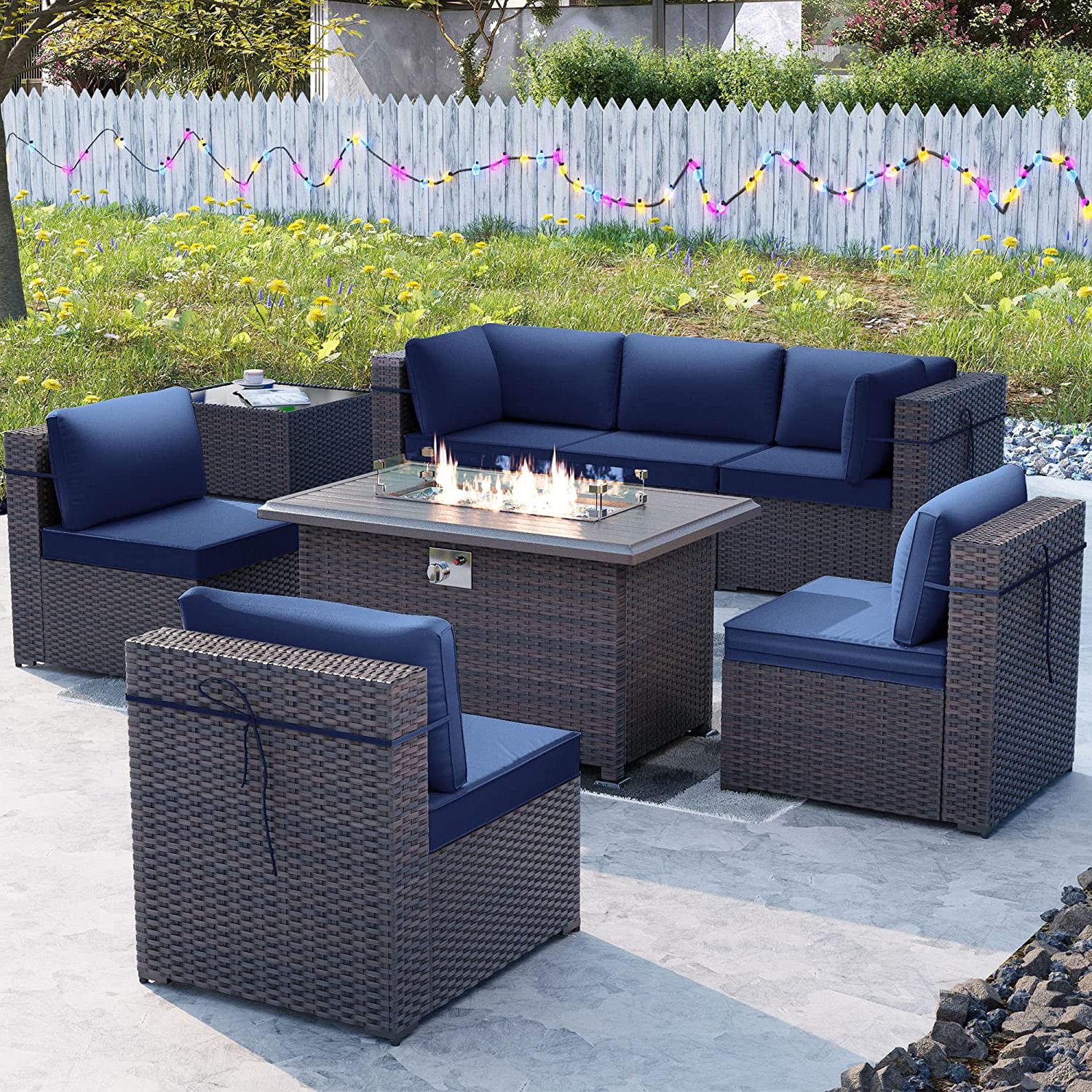 Widely Used Fire Pit Table Wicker Sectional Sofa Conversation Set Pertaining To Alaulm 8 Pieces Outdoor Furniture Set With 43" Gas Propane Fire Pit Table  Pe Wicker Rattan Sectional Sofa Patio Conversation Sets,red – Walmart (View 12 of 15)