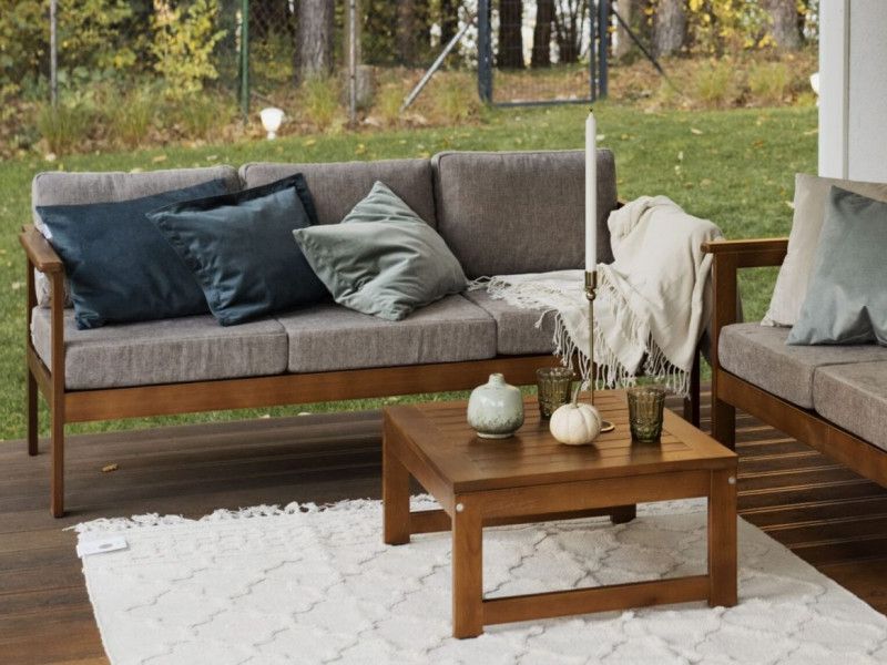 Wood Sofa Cushioned Outdoor Garden Intended For Trendy 3 Seater Garden Sofa Outdoor Wooden Furniture With Cushions – Impact  Furniture (View 3 of 15)