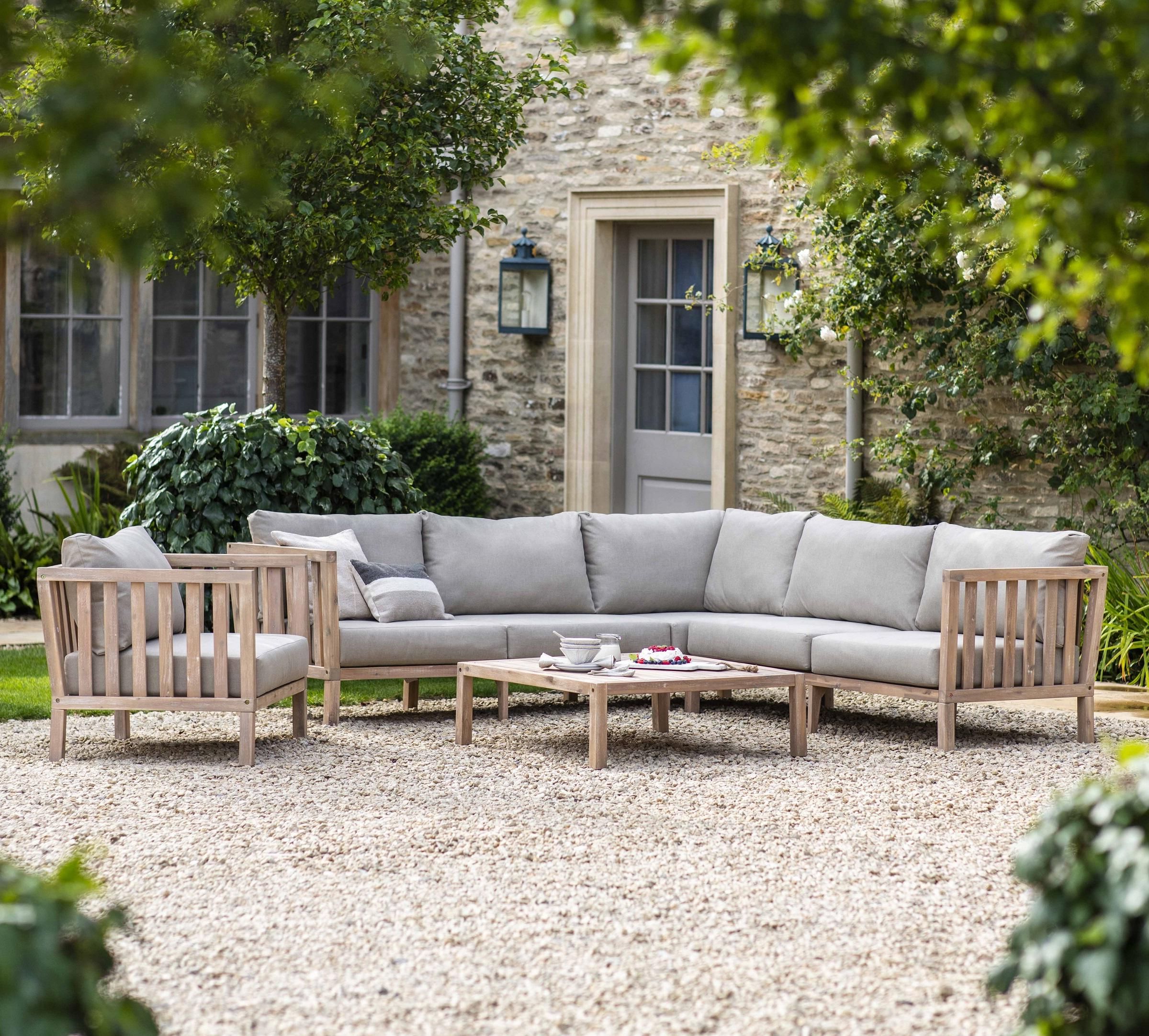 Wood Sofa Cushioned Outdoor Garden Pertaining To Most Recent Modern Grey Garden Corner Sofa Set In Whitewashed Acacia Hardwood With  Light Grey Cushions (Photo 1 of 15)