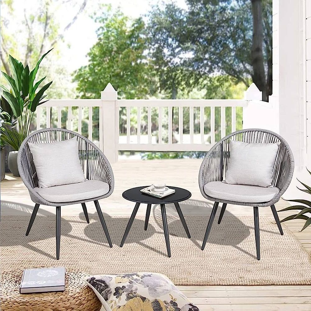 Woven Rope Outdoor 3 Piece Conversation Set With Fashionable Aeron 3 Piece Patio Rope Set Outdoor Woven Rope Conversation Balcony  Furniture Set With Glass Top Table And Cushioned Chairs For Garden With Po  (2 Chair 1 Table, Greay 4) : Amazon (View 3 of 15)