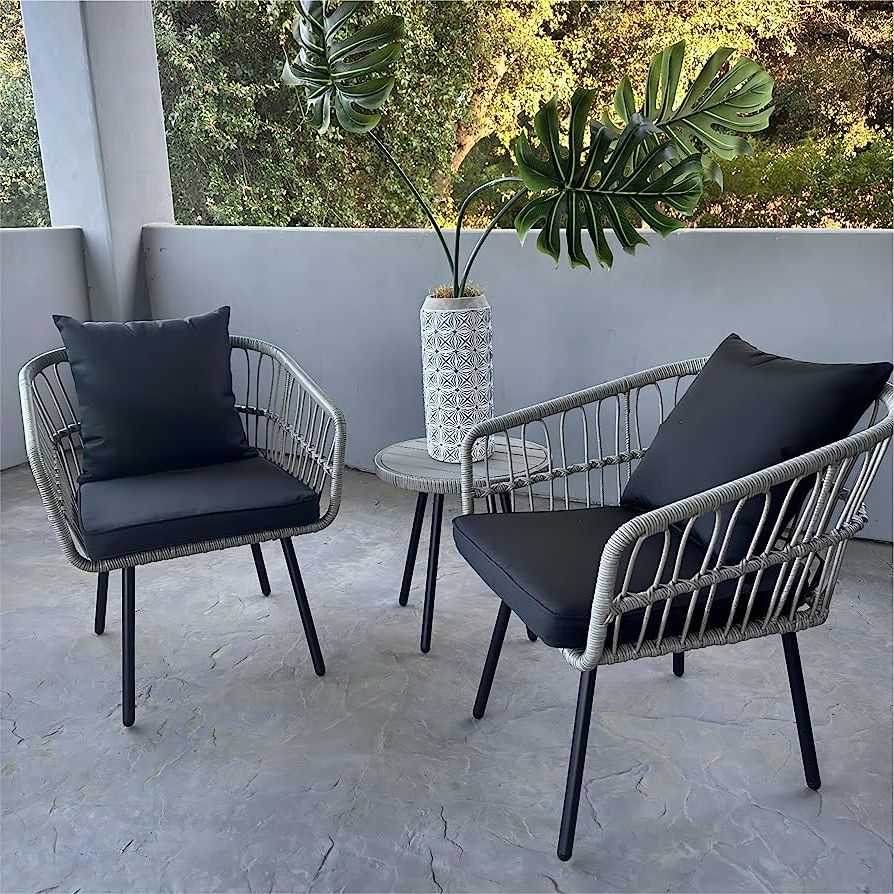 Woven Rope Outdoor 3 Piece Conversation Set Within Fashionable Amazon: Yitahome 3 Pieces Outdoor Bistro Set, All Weather Wicker Patio  Furniture Set, Rattan Conversation Set With Table And Chair For Balcony,  Backyard, Pool, Porch, Deck – Black : Patio, Lawn & Garden (Photo 5 of 15)