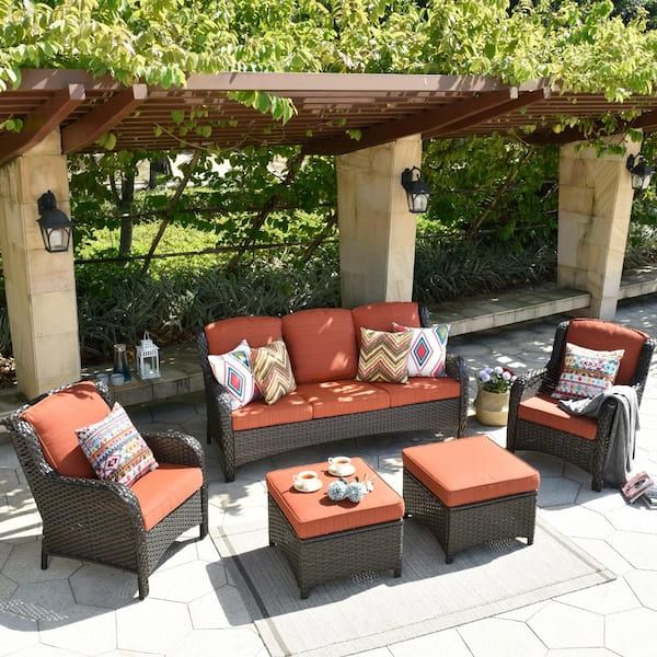 Xizzi Erie Lake Brown 5 Piece Wicker Outdoor Patio Conversation Seating  Sofa Set With Orange Red Cushions Ntc805hdre – The Home Depot Within Newest 5 Piece Patio Conversation Set (Photo 2 of 15)