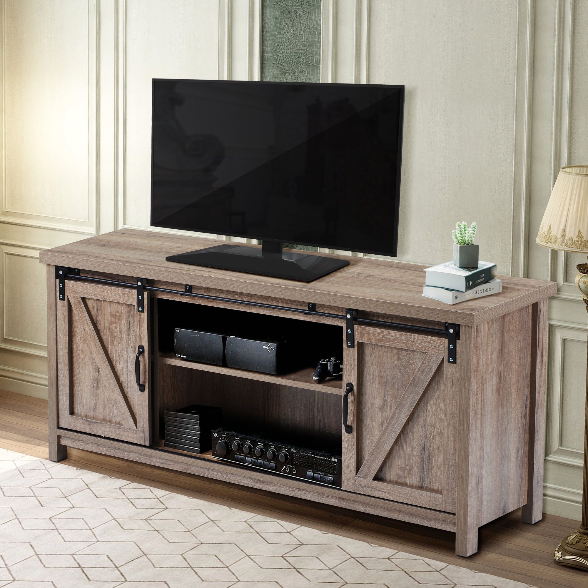 110" Tvs Wood Tv Cabinet With Drawers Intended For Widely Used Tv Cabinet With Shelves, Farmhouse Tv Stand For Tvs Up To 50", Sliding (View 2 of 15)