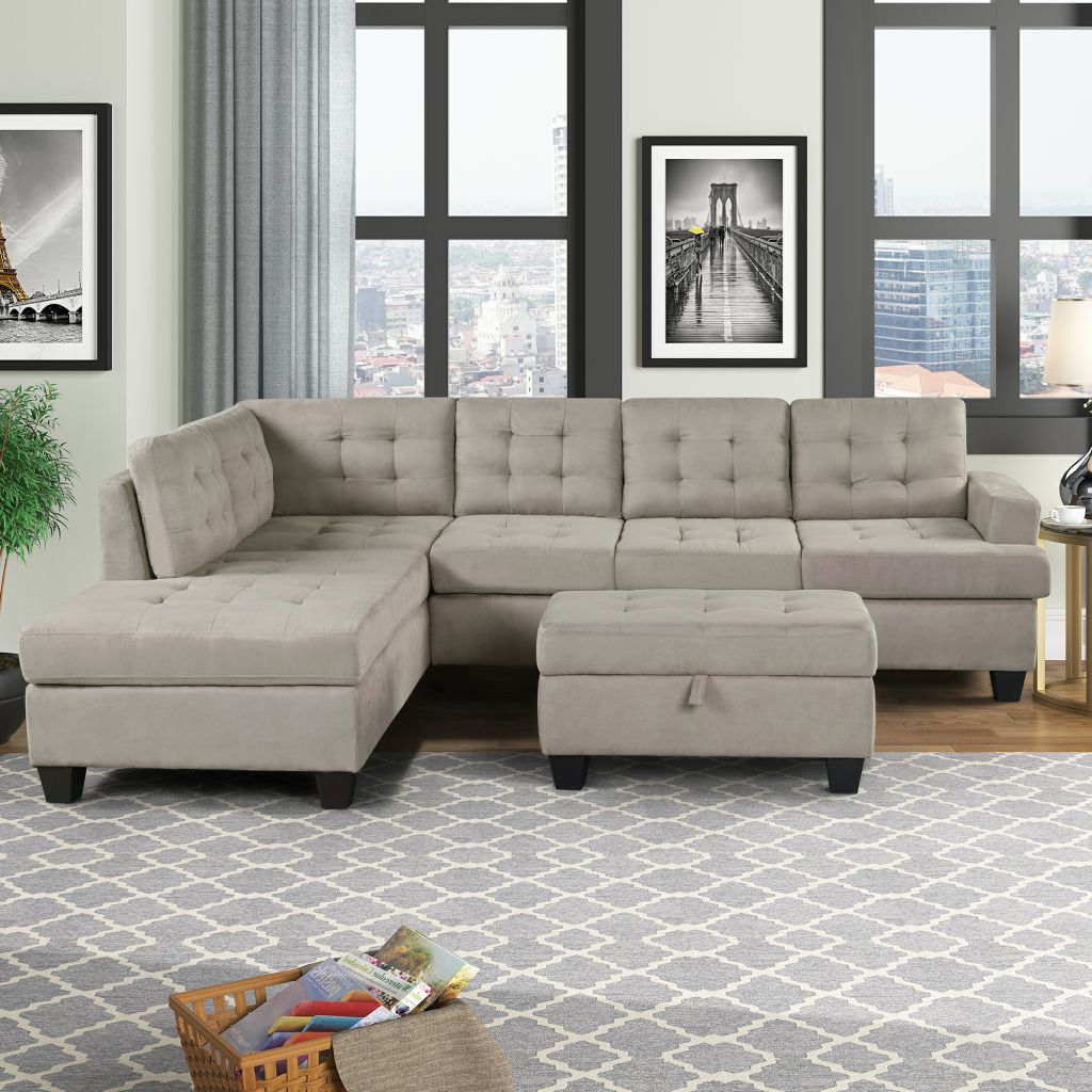 2017 104" Sectional Sofas With Modern 3 Piece Sectional Sofa With Chaise Lounge And Storage Ottoman, L (View 9 of 15)
