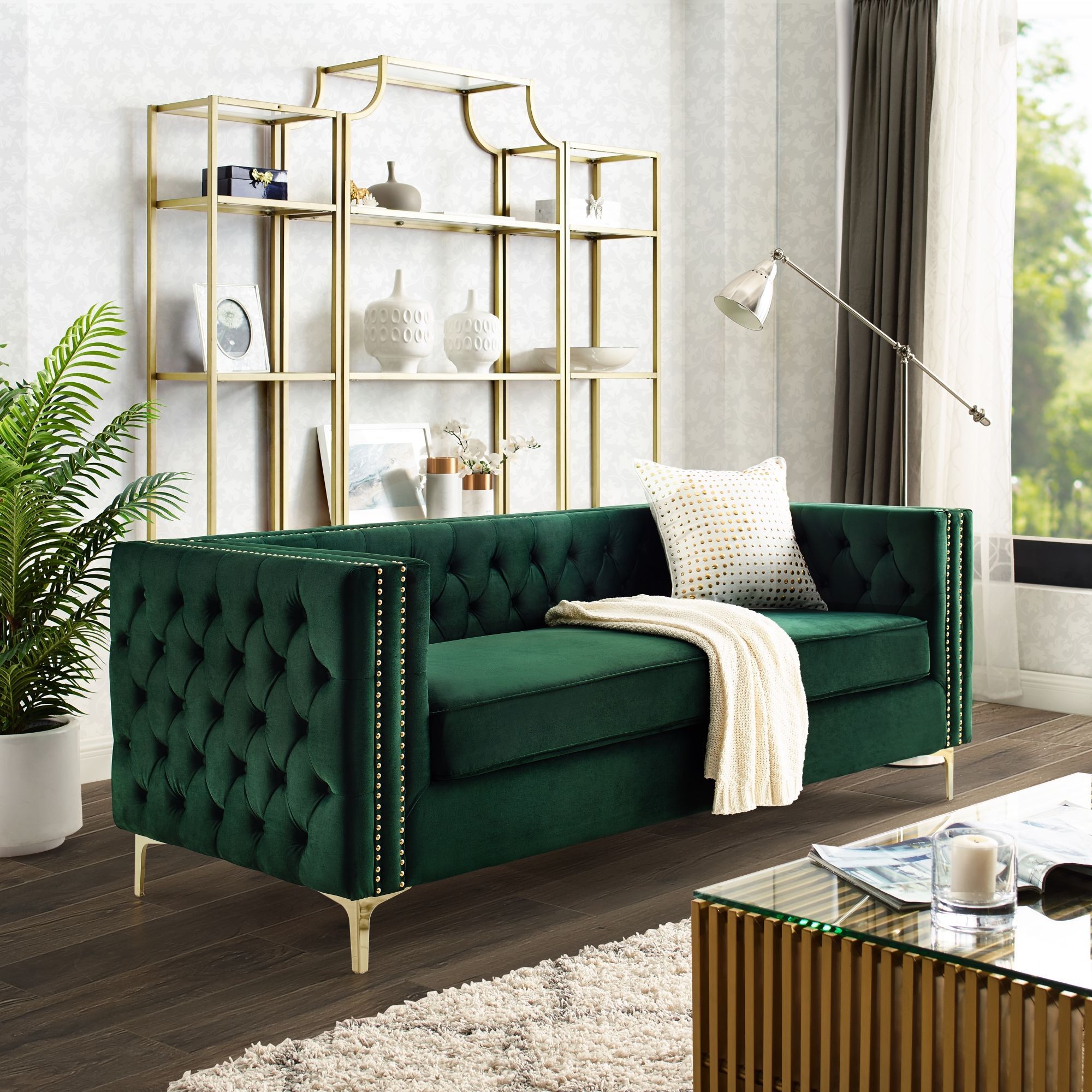 2017 Inspired Home Sania Velvet Sofa  3 Seat Nailhead Trim Gold Legs In 75" Green Velvet Sofas (Photo 9 of 15)