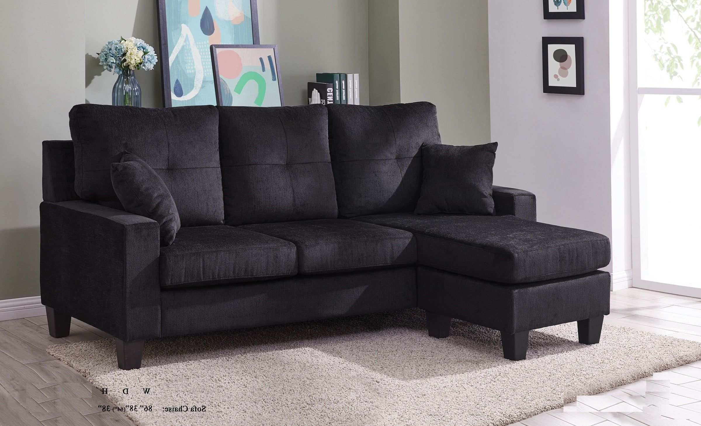 2017 Sectional Sofa Set Black Fabric Tufted Cushion Sofa Chaise Small Space Intended For Sofas In Black (View 11 of 15)