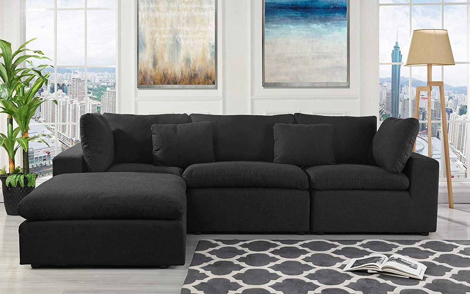 2018 Classic Large Linen Fabric Sectional Sofa, L Shape Couch With Wide With Sofas In Black (View 14 of 15)