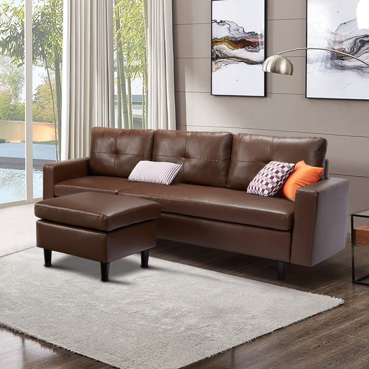 2018 Esright Faux Leather Sectional Sofa Convertible Couch Brown Leather L Throughout Faux Leather Sofas In Dark Brown (Photo 8 of 15)