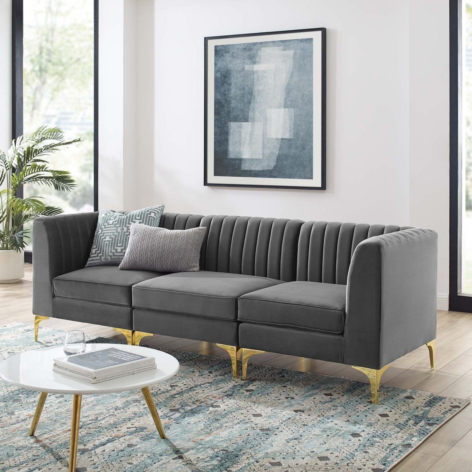2018 Tufted Upholstered Sofas Inside Triumph Channel Tufted Performance Velvet 3 Seater Sofa In Gray – Hyme (View 5 of 15)