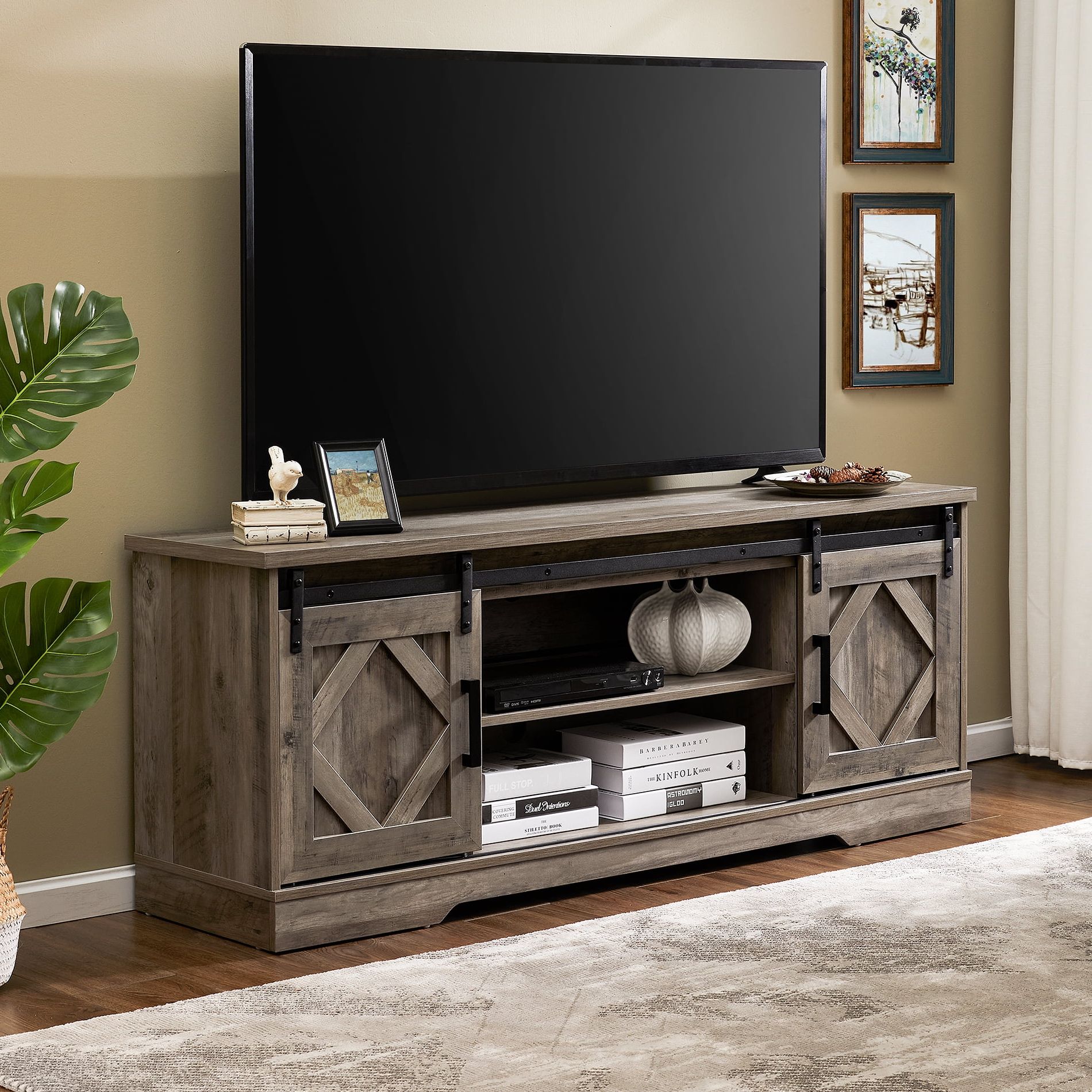 2019 Buy Wampat Farmhouse Tv Stand For Tv Up To 70 Barn Door Media Console Throughout Barn Door Media Tv Stands (Photo 5 of 15)