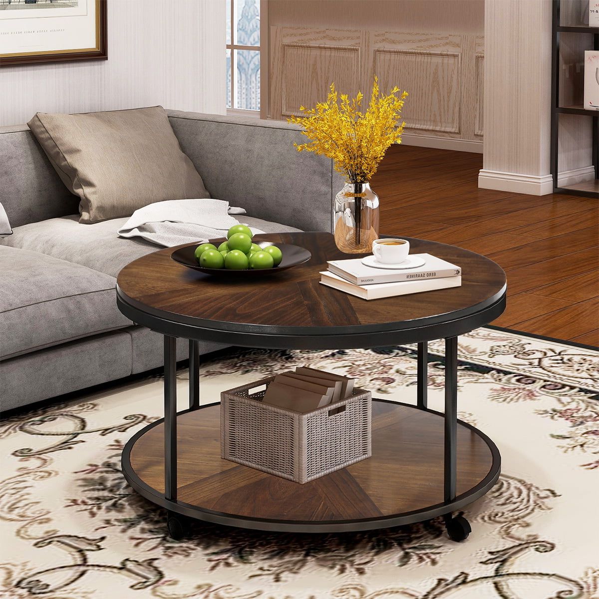 2019 Coffee Tables With Casters In Sentern Round Coffee Table With Caster Wheels And Unique Textured (View 2 of 15)