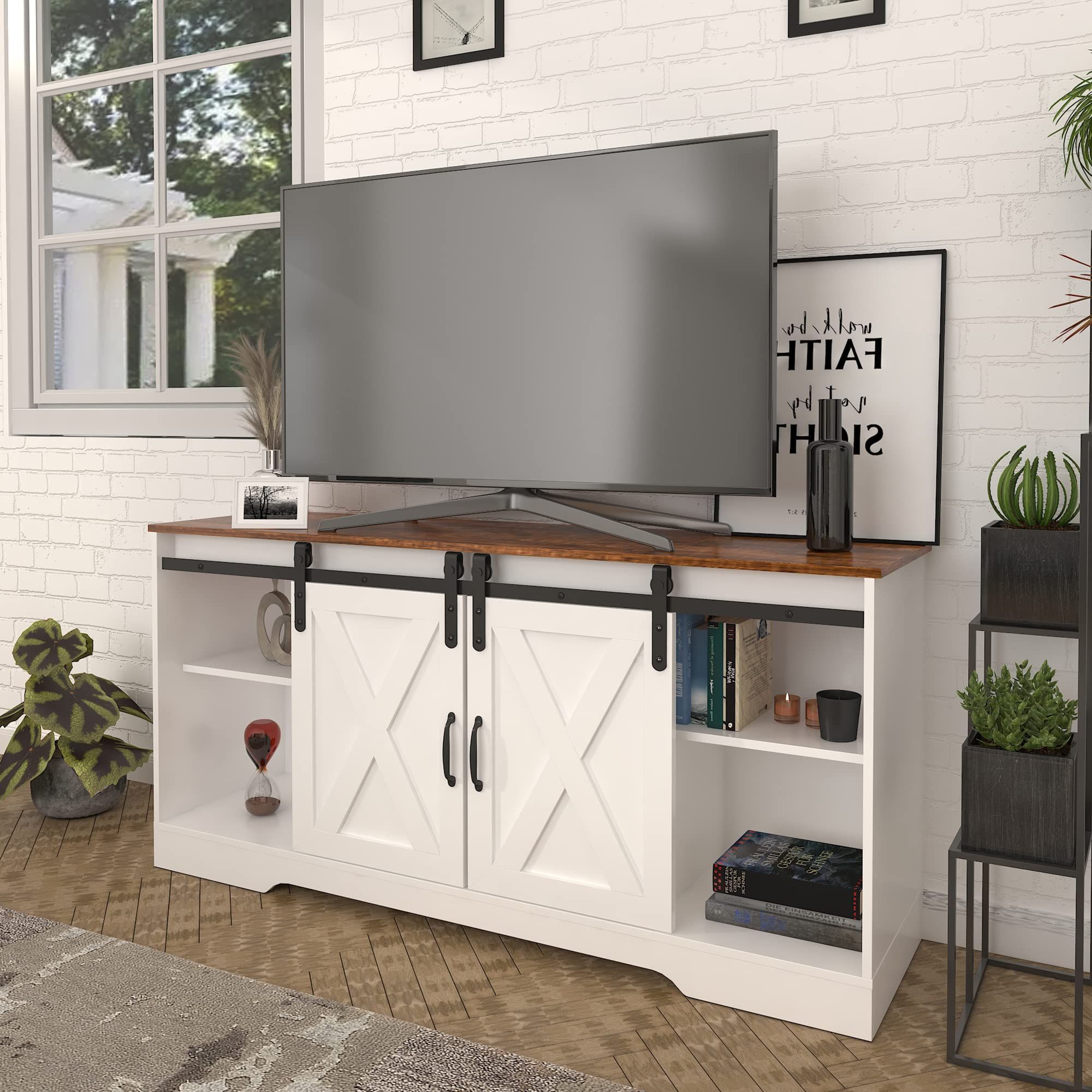 2019 Joysource Farmhouse Tv Stand Wood Sliding Barn Doors Entertainment Inside Farmhouse Stands With Shelves (View 8 of 15)