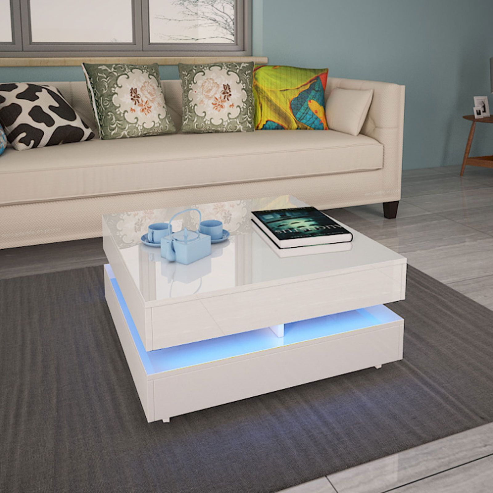 2019 Modern Modern Glossy White Coffee Table W/ Led Lighting, 2 Tier Within Coffee Tables With Drawers And Led Lights (View 5 of 15)