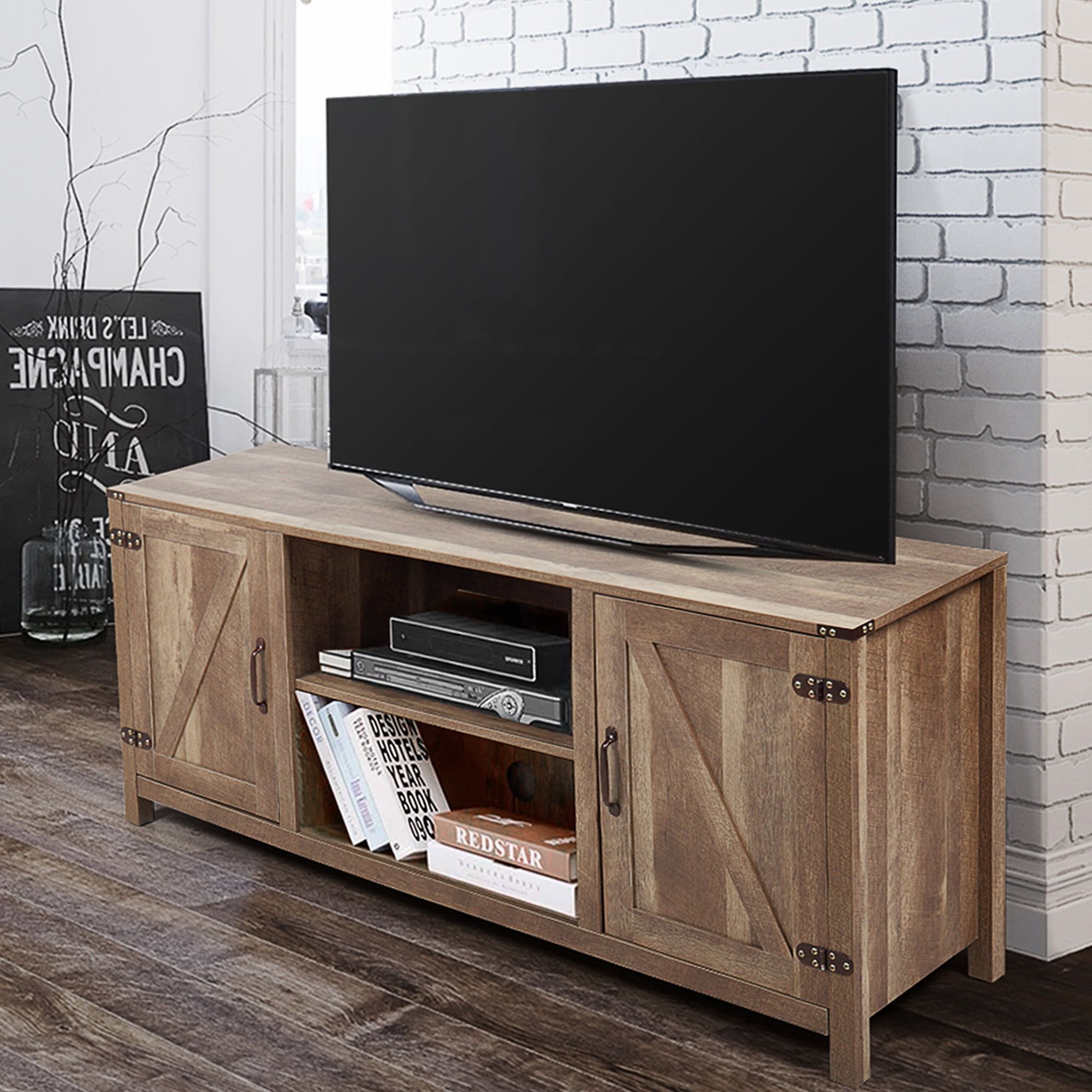 2019 Tv Stands With 2 Doors And 2 Open Shelves Inside Jaxpety 58" Farmhouse Barn Door Tv Stand For Tvs Up To 65'', Wooden (View 15 of 15)
