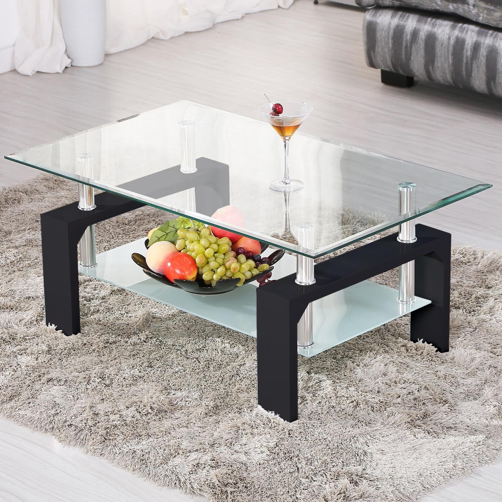 2020 Ktaxon Rectangular Glass Coffee Table Shelf Wood Living Room Furniture Throughout Wood Tempered Glass Top Coffee Tables (Photo 12 of 15)