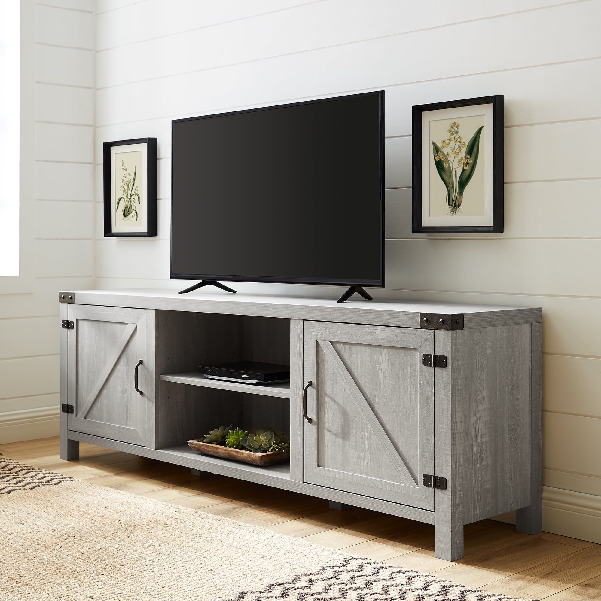 2020 Woven Paths Farmhouse Barn Door Tv Stand For Tvs Up To 80", Stone Grey Intended For Farmhouse Tv Stands (View 14 of 15)