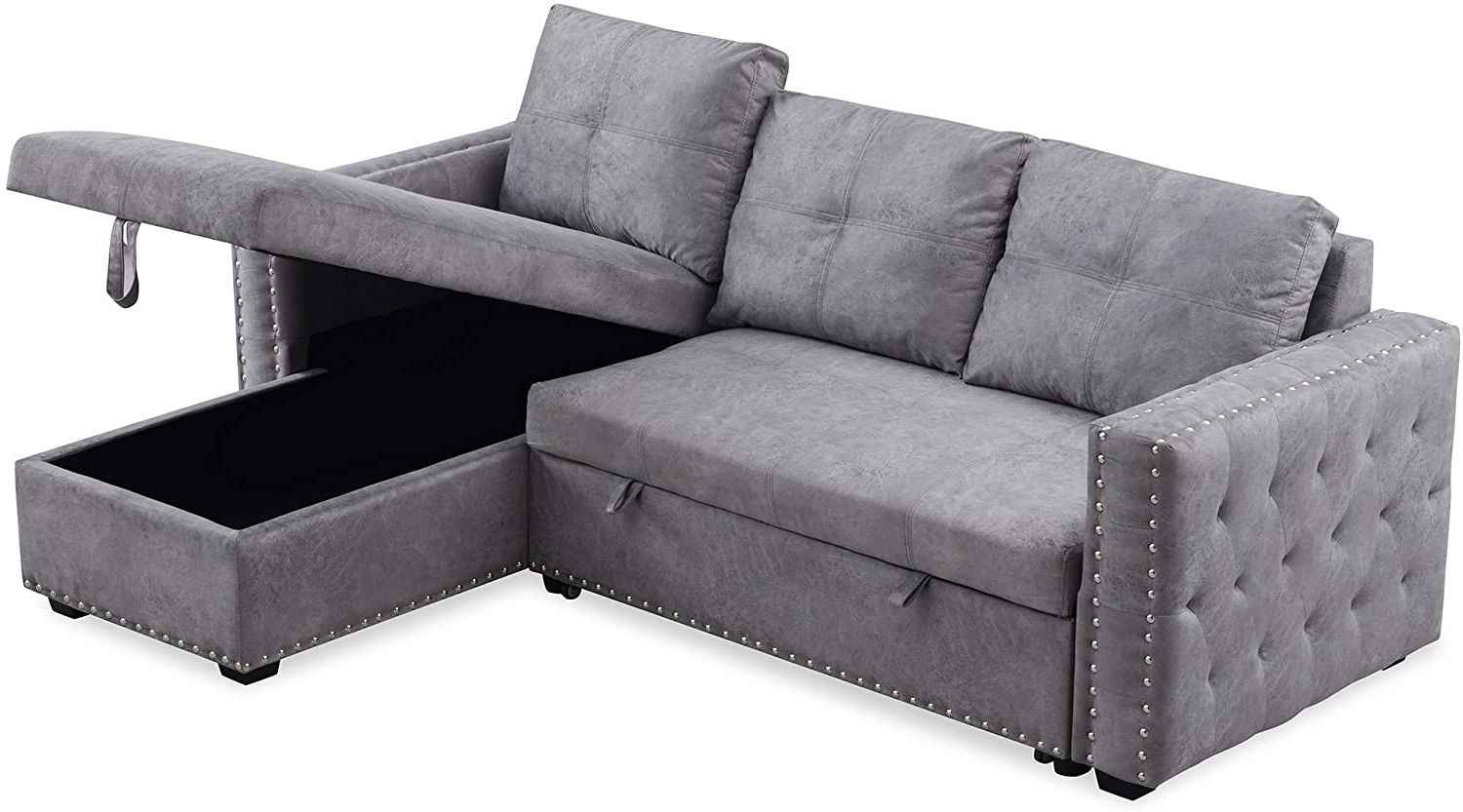 3 In 1 Gray Pull Out Sleeper Sofas Regarding Popular Wholesale 91" Reversible Sleeper Sectional Sofa 3 Seat With Nail Head (Photo 10 of 15)