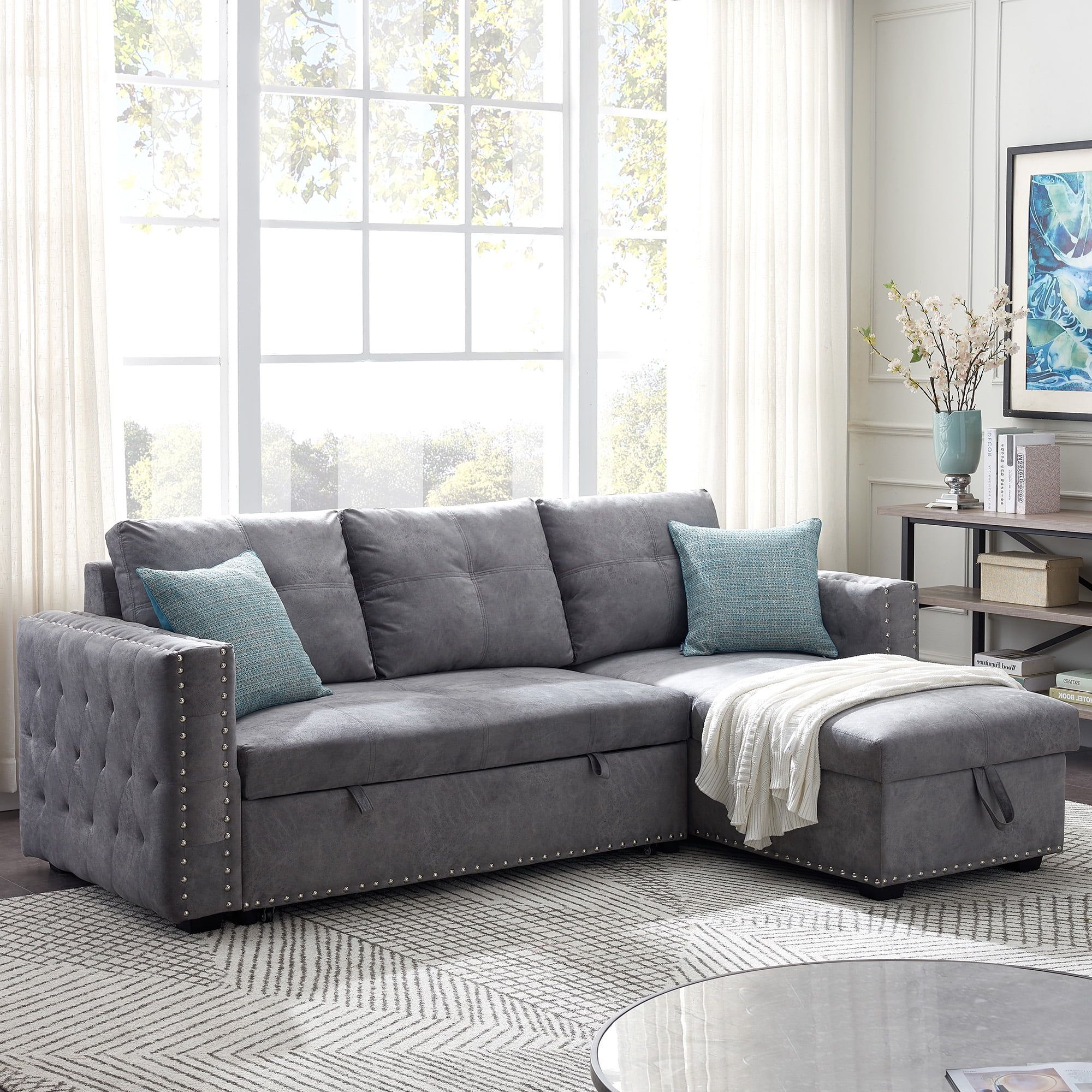 3 In 1 Gray Pull Out Sleeper Sofas With Most Up To Date 91" Reversible Sleeper Sectional Sofa 3 Seat Pull Out Sofa Bed Sleeper (Photo 4 of 15)