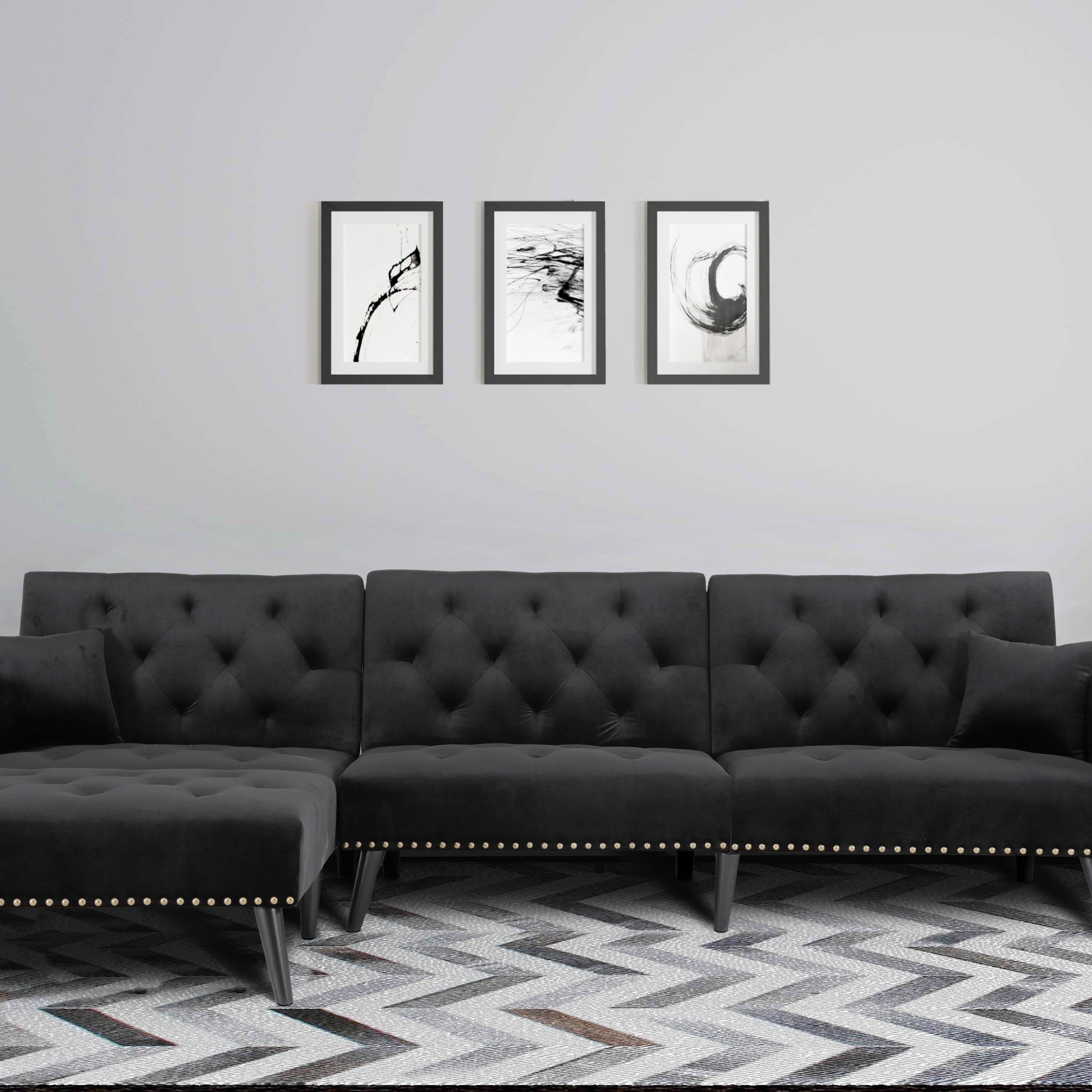 3 Seat L Shaped Sofas In Black Intended For Most Current 115'' Convertible Sectional Sofa,velvet Corner Sofa Bed Couch Sleeper,l (View 11 of 15)