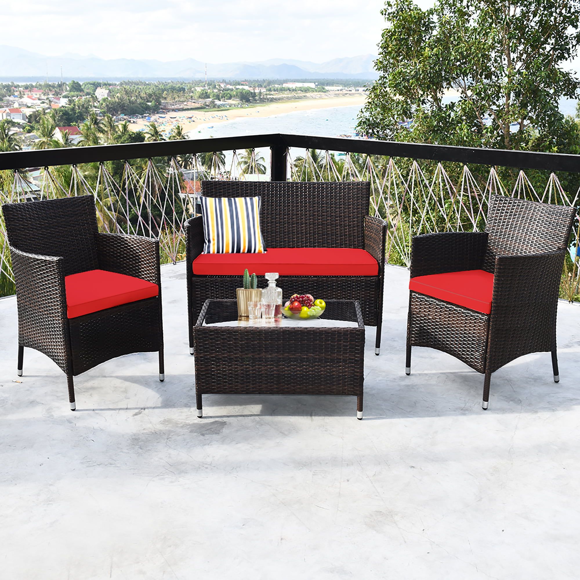 4pcs Rattan Patio Coffee Tables With Regard To Best And Newest Costway 4pcs Rattan Patio Furniture Set Cushioned Sofa Chair Coffee (View 2 of 15)