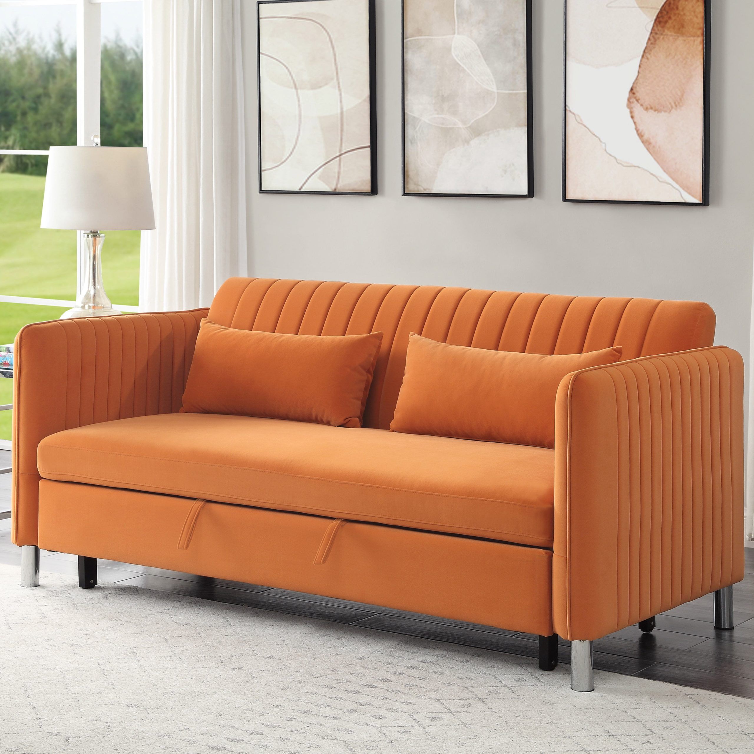 66" Convertible Velvet Sofa Beds Inside Fashionable Lexiconhome Greenway Velvet Convertible Sofa Bed, Orange – Walmart (View 5 of 15)