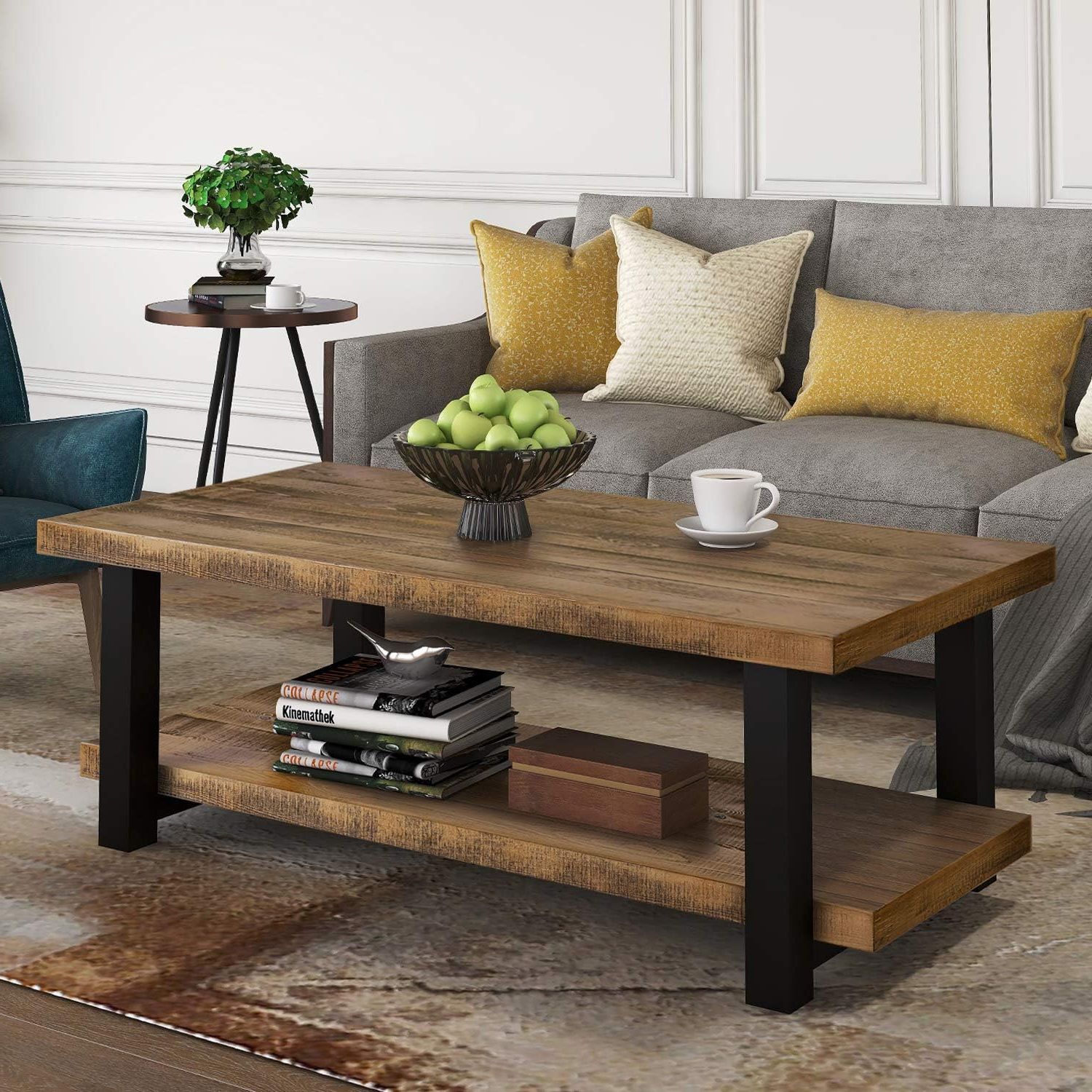 Amazon: Knocbel Farmhouse Coffee Table For Living Room, Sofa Side 2 With Regard To Best And Newest Wood Coffee Tables With 2 Tier Storage (Photo 8 of 15)