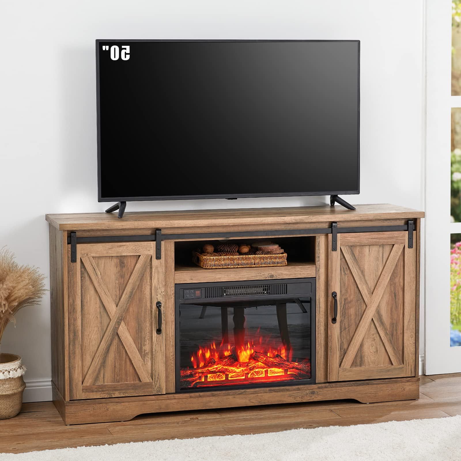 Amerlife Fireplace Tv Stand Sliding Barn Door Wood Entertainment Center Throughout Trendy Barn Door Media Tv Stands (View 6 of 15)