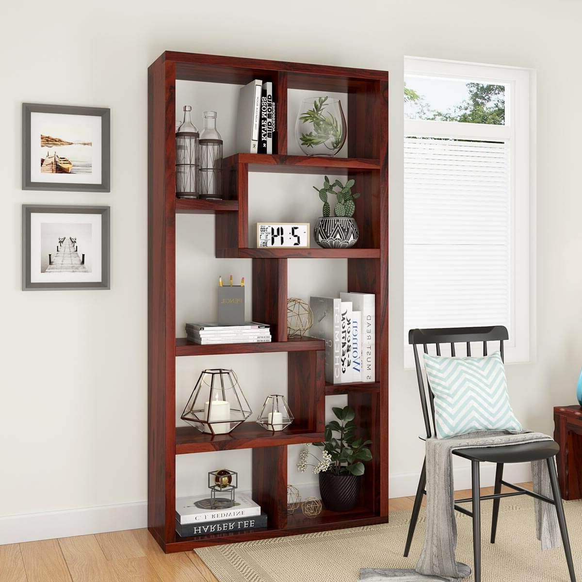 Asymmetrical Console Table Book Stands Intended For Most Popular Gadsden Contemporary 8 Open Shelf Solid Wood Geometric Bookcase (Photo 10 of 15)