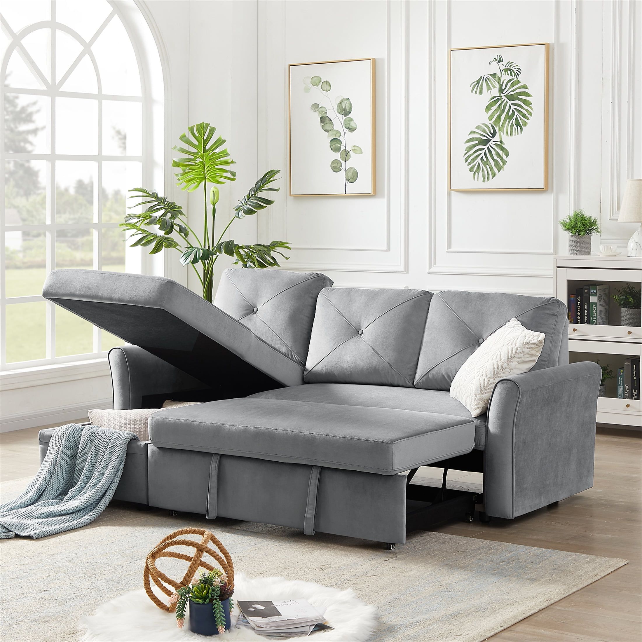 Aukfa Modern Velvet Sectional Sleeper Sofa  Pull Out Bed  Reversible Throughout Most Up To Date Modern Velvet Sofa Recliners With Storage (View 2 of 15)