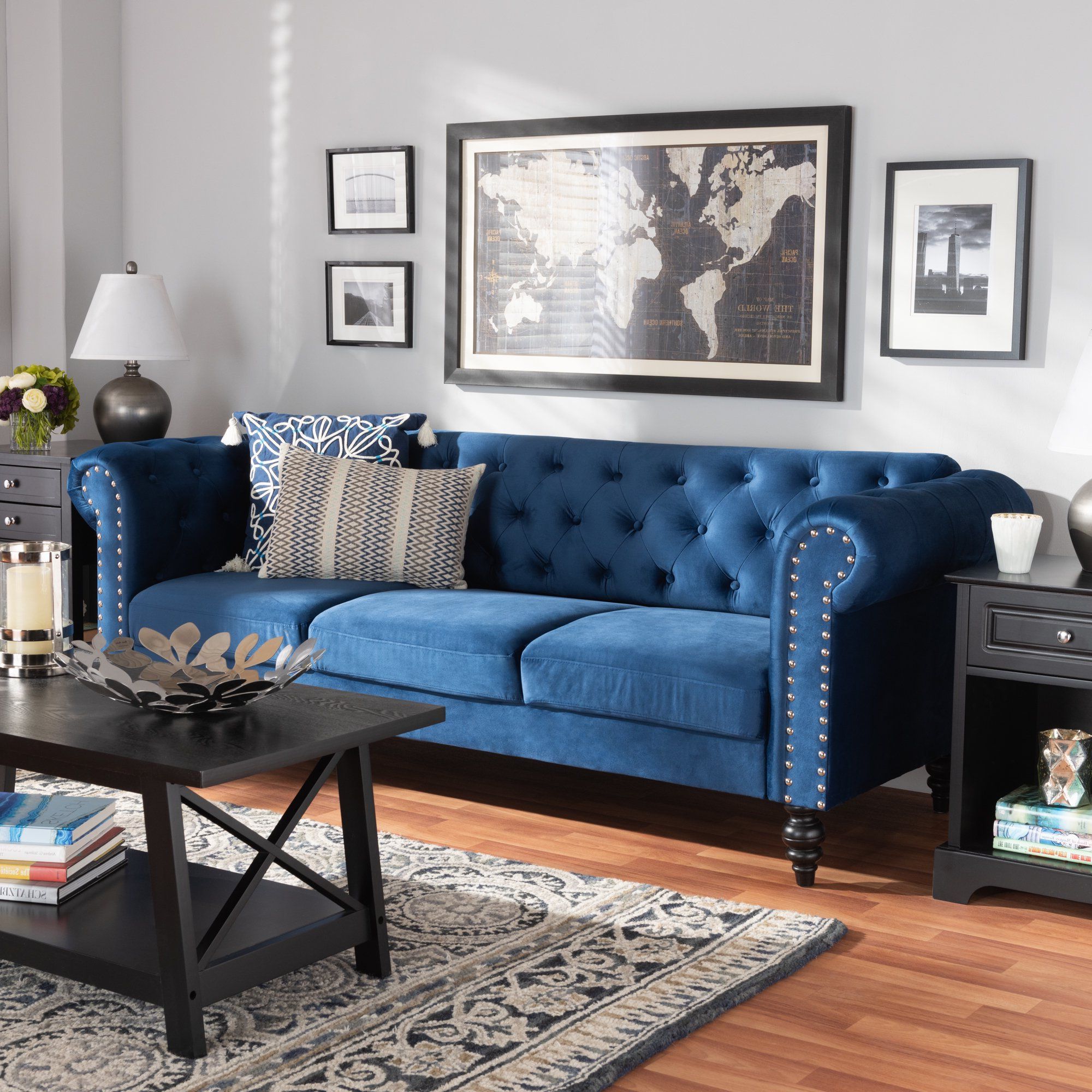 Baxton Studio Emma Traditional And Transitional Navy Blue Velvet Fabric Throughout Most Popular Tufted Upholstered Sofas (View 9 of 15)