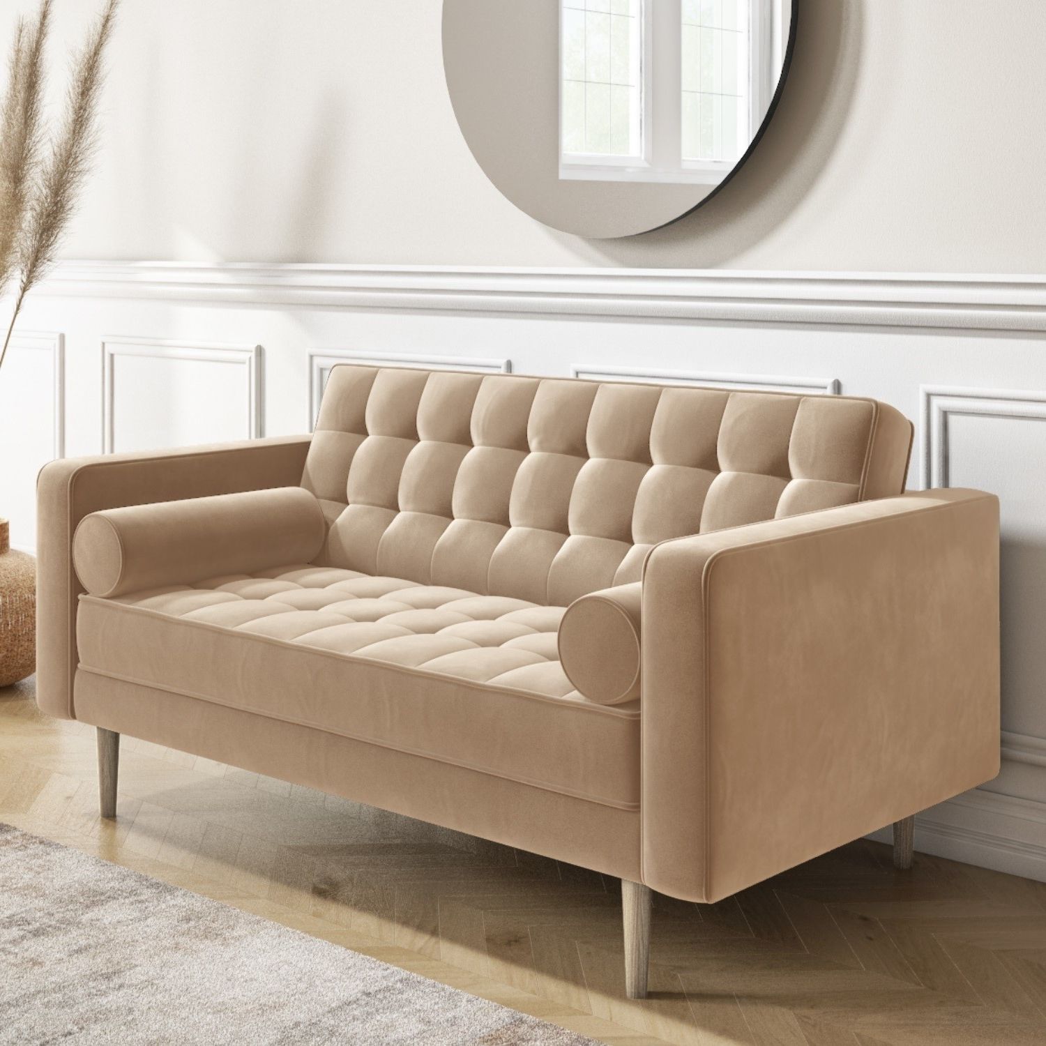 Beige Velvet 2 Seater Quilted Mid Century Sofa – Elba – Furniture123 With Regard To Current Elegant Beige Velvet Sofas (Photo 8 of 15)