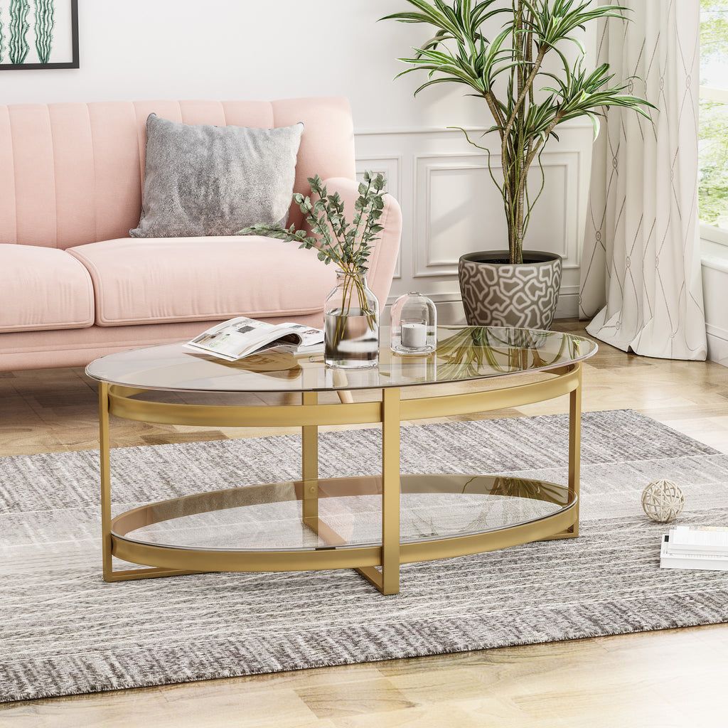 Bell Modern Glam Tempered Glass Oval Coffee Table With Iron Frame – Gdf In Most Current Tempered Glass Oval Side Tables (View 5 of 15)