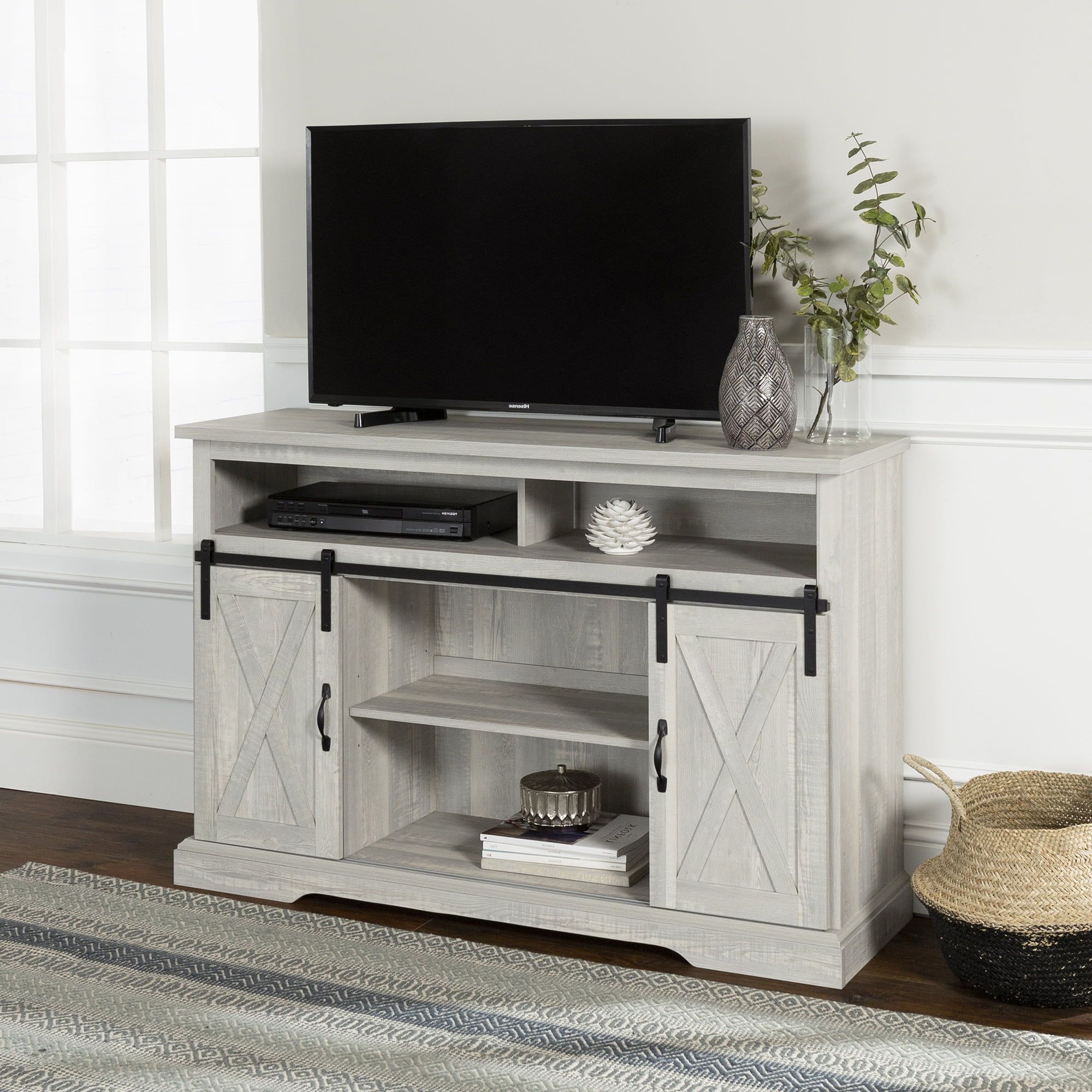 Best And Newest Farmhouse Stands For Tvs Within Manor Park Farmhouse Barn Door Tv Stand For Tvs Up To 58", Stone Grey (Photo 7 of 15)