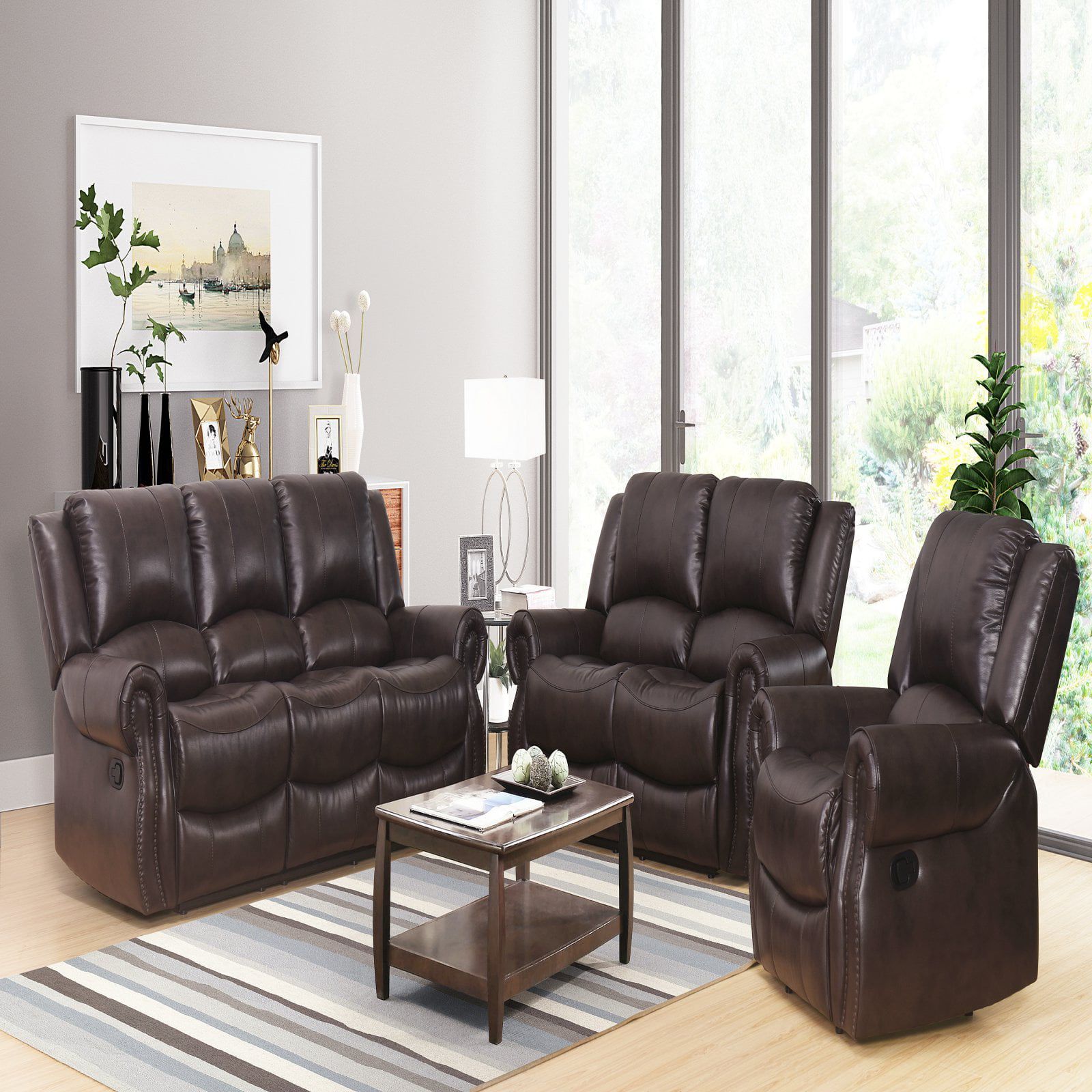 Best And Newest Faux Leather Sofas In Abbyson Living Toya 3 Piece Faux Leather Reclining Sofa Set – Walmart (Photo 8 of 15)