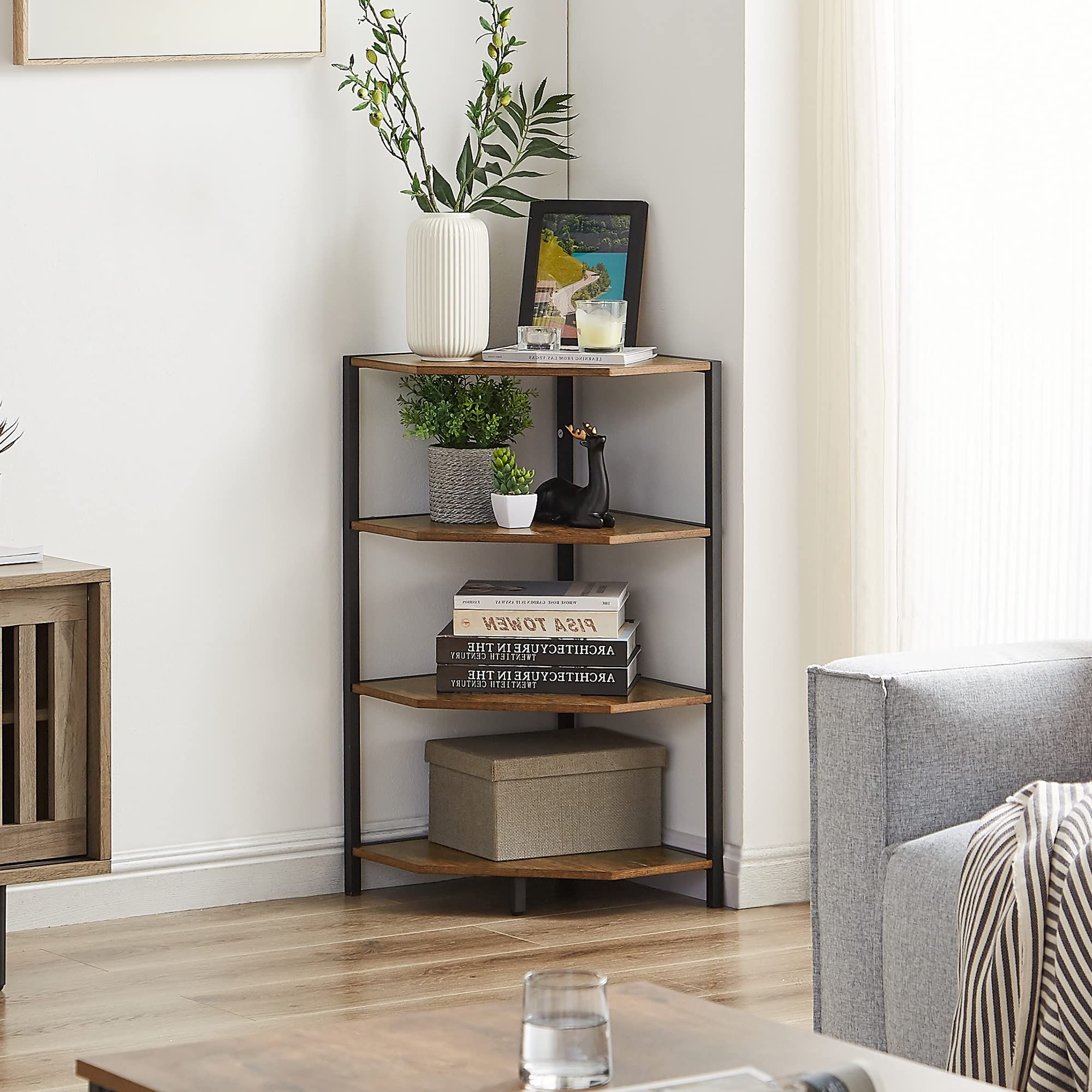 Best And Newest Vecelo 31" Corner Shelf, 4 Tier Display Shelves, Wood Storage Stand Inside Modern Stands With Shelves (Photo 15 of 15)