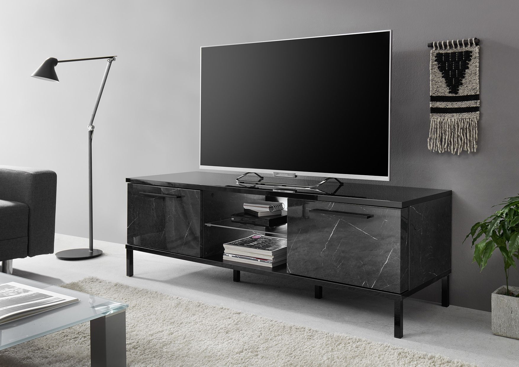 Black Marble Tv Stands Intended For Fashionable Mango 156cm Black Marble Gloss Tv Unit With Led Lights – Tv Stands (Photo 1 of 15)