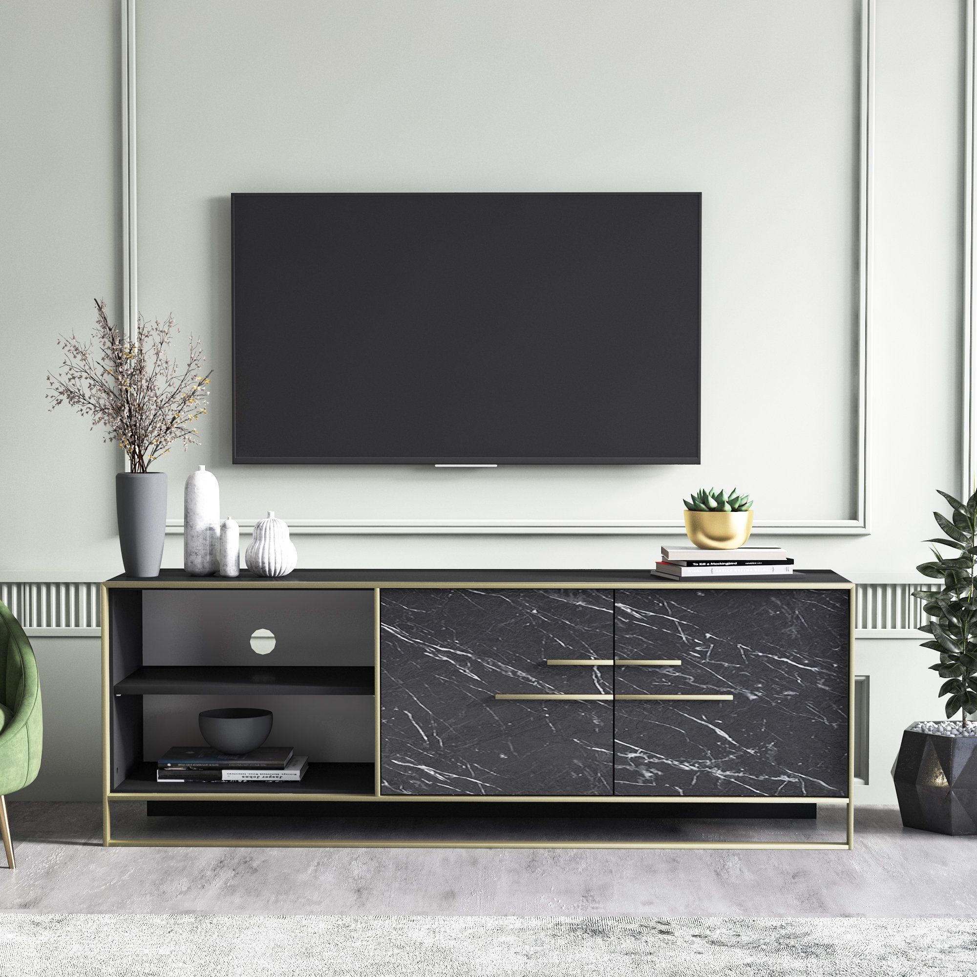 Black Marble Tv Stands Regarding Famous Polkana Black 160 Cm Wide Natural Marble Pattern Tv Unit / Tv (View 2 of 15)