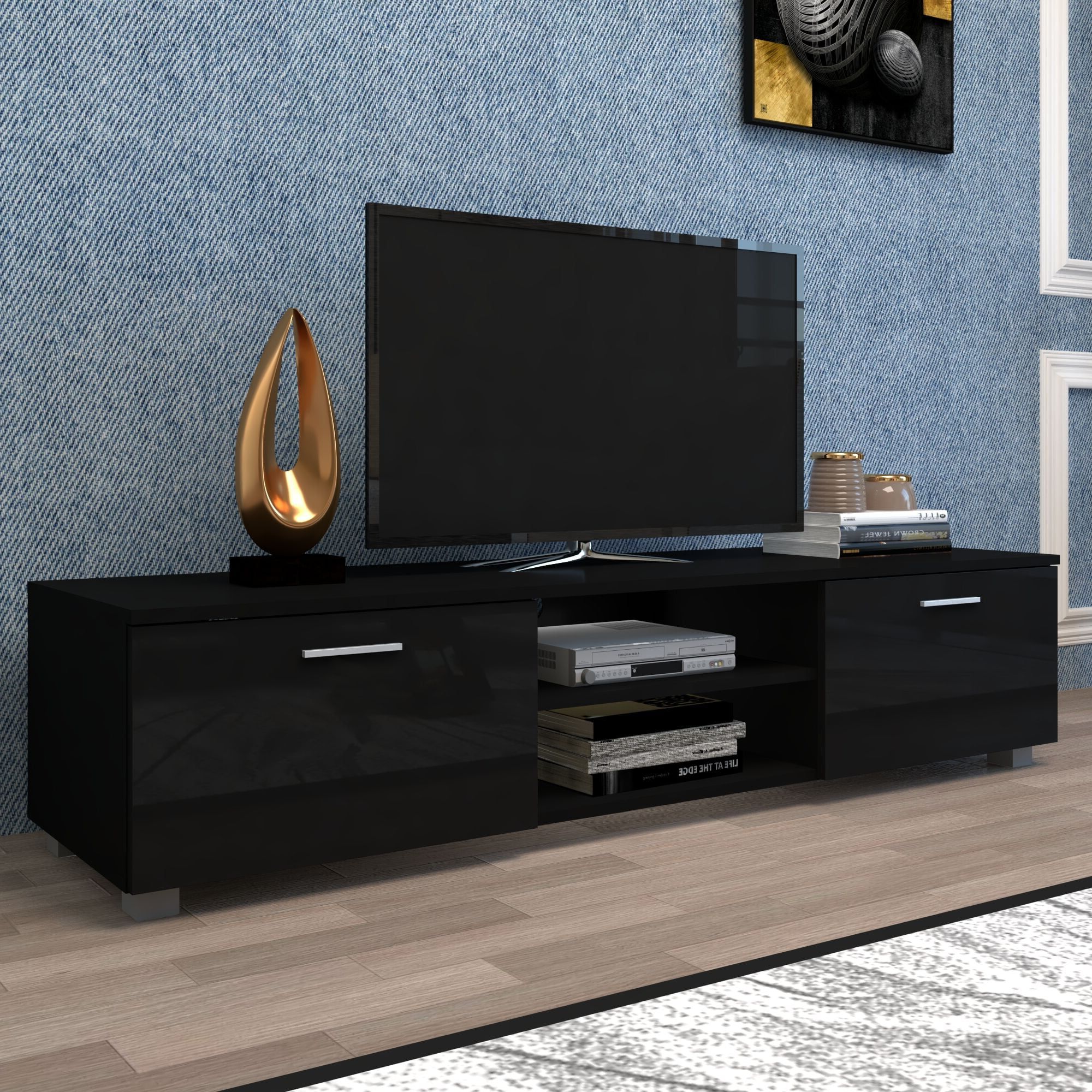 Black Modern Tv Stand For 70 Inch Tv Stands, Media Console Inside Well Known Media Entertainment Center Tv Stands (Photo 7 of 15)