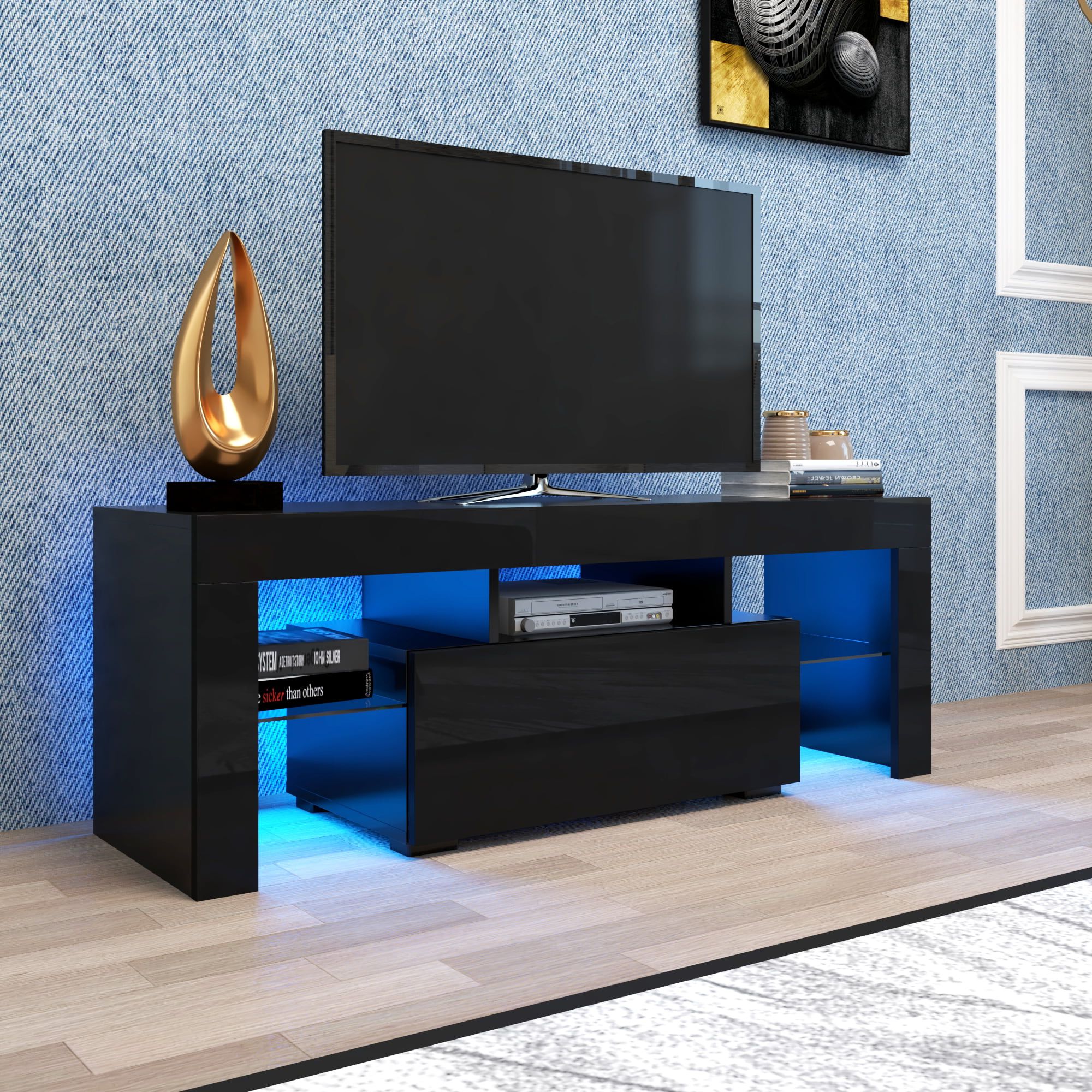Black Rgb Entertainment Centers For Well Known Black Tv Stand For Up To 65 Inch Tv, Yofe High Gloss Tv Stand With Led (Photo 4 of 15)