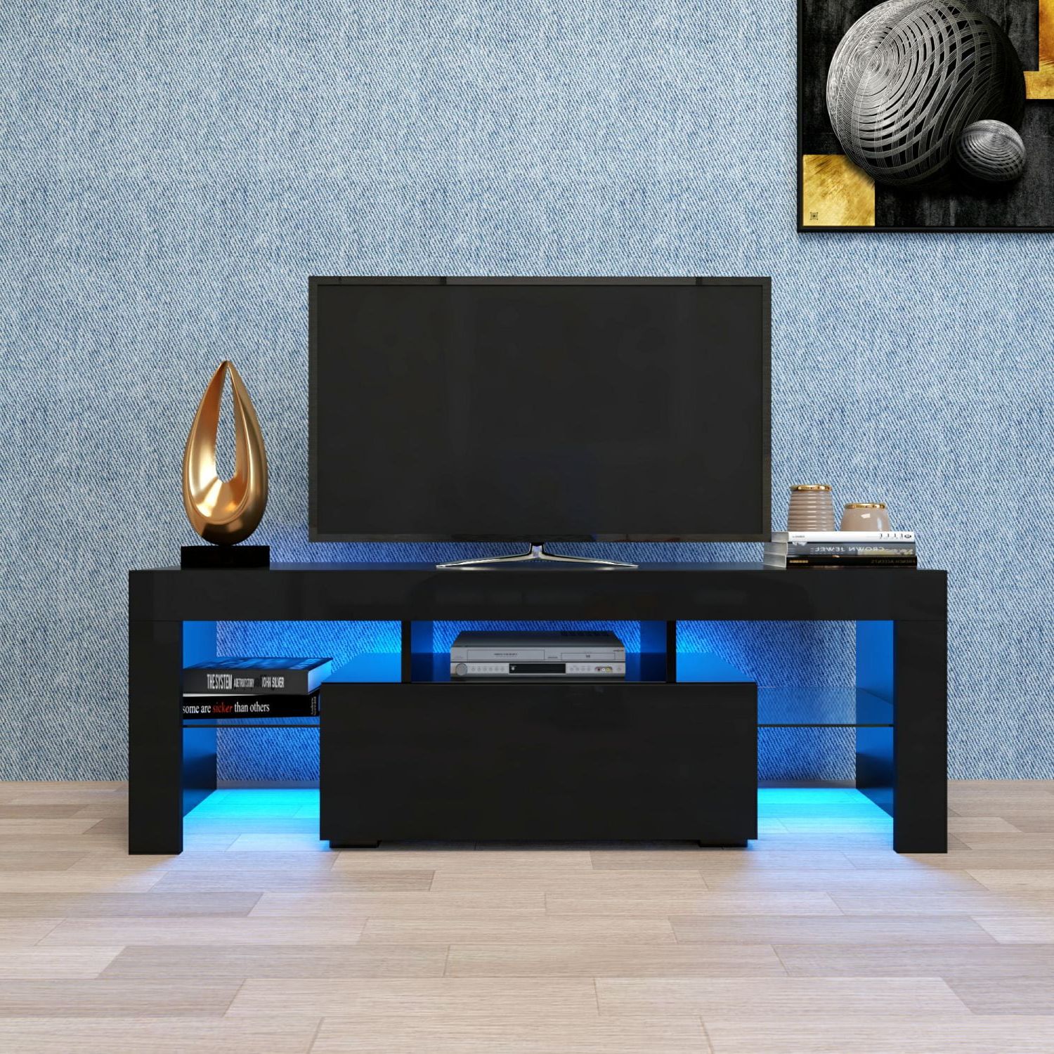 Black Rgb Entertainment Centers Inside Well Known Black Tv Stand With Led Rgb Lights, Flat Screen Tv Cabinet, Gaming (Photo 1 of 15)