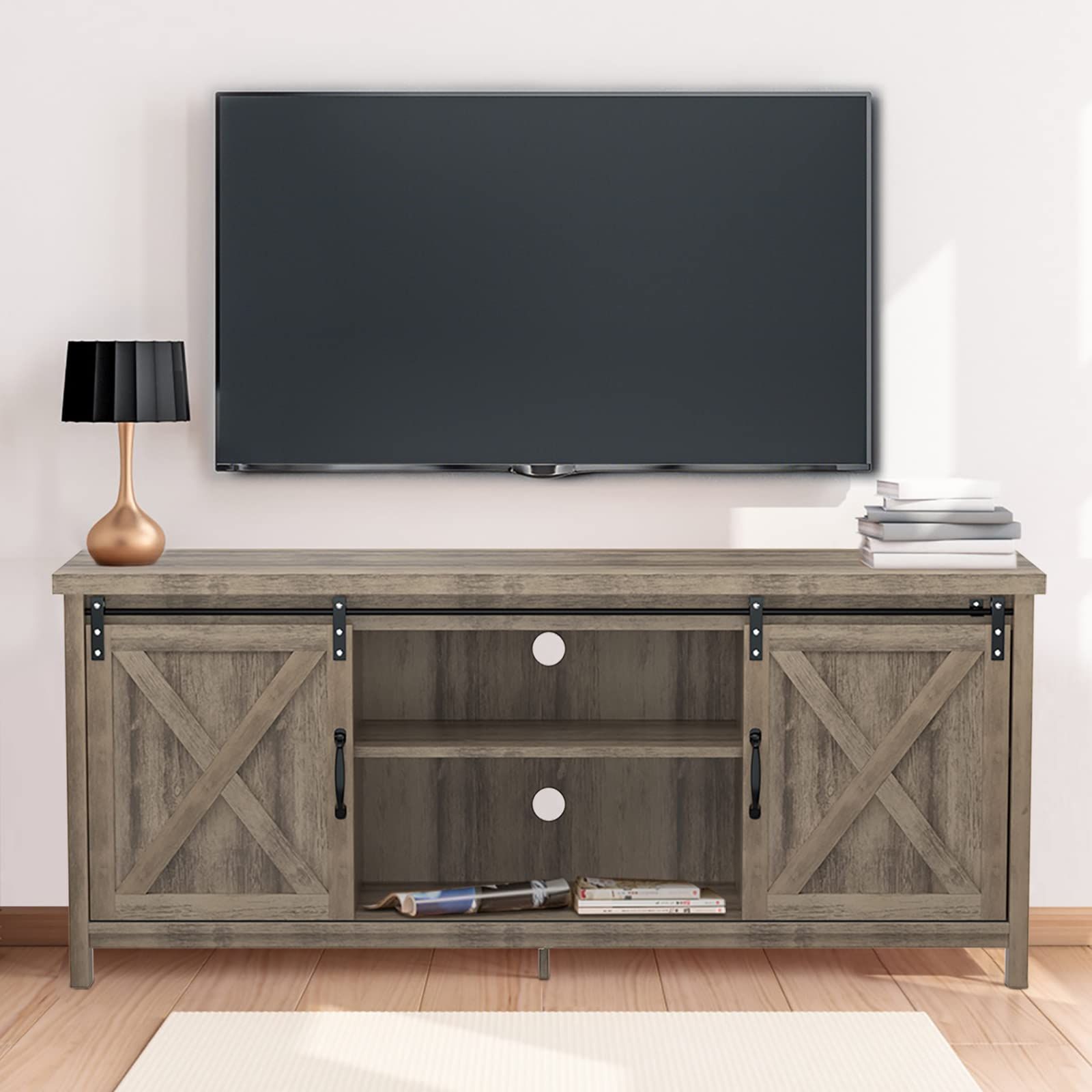 Buy Gazhome Modern Farmhouse Tv Stand With Sliding Barn Doors, Media Throughout Preferred Tier Stand Console Cabinets (Photo 4 of 15)