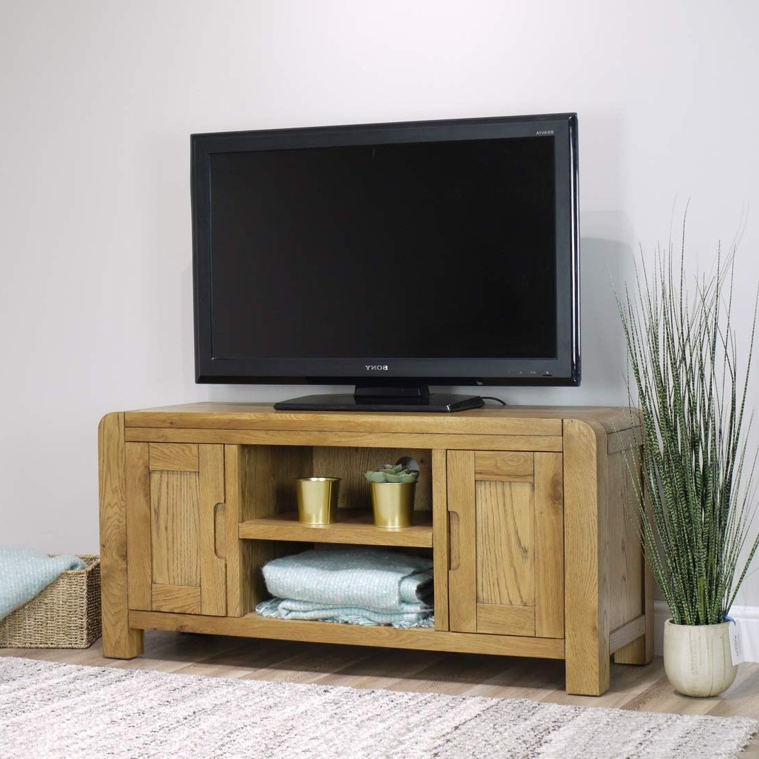 Buy Turin Oak Large Tv Stand / 2 Door Storage Tv Unit/rounded Curved Regarding Widely Used Tv Stands With 2 Doors And 2 Open Shelves (View 13 of 15)