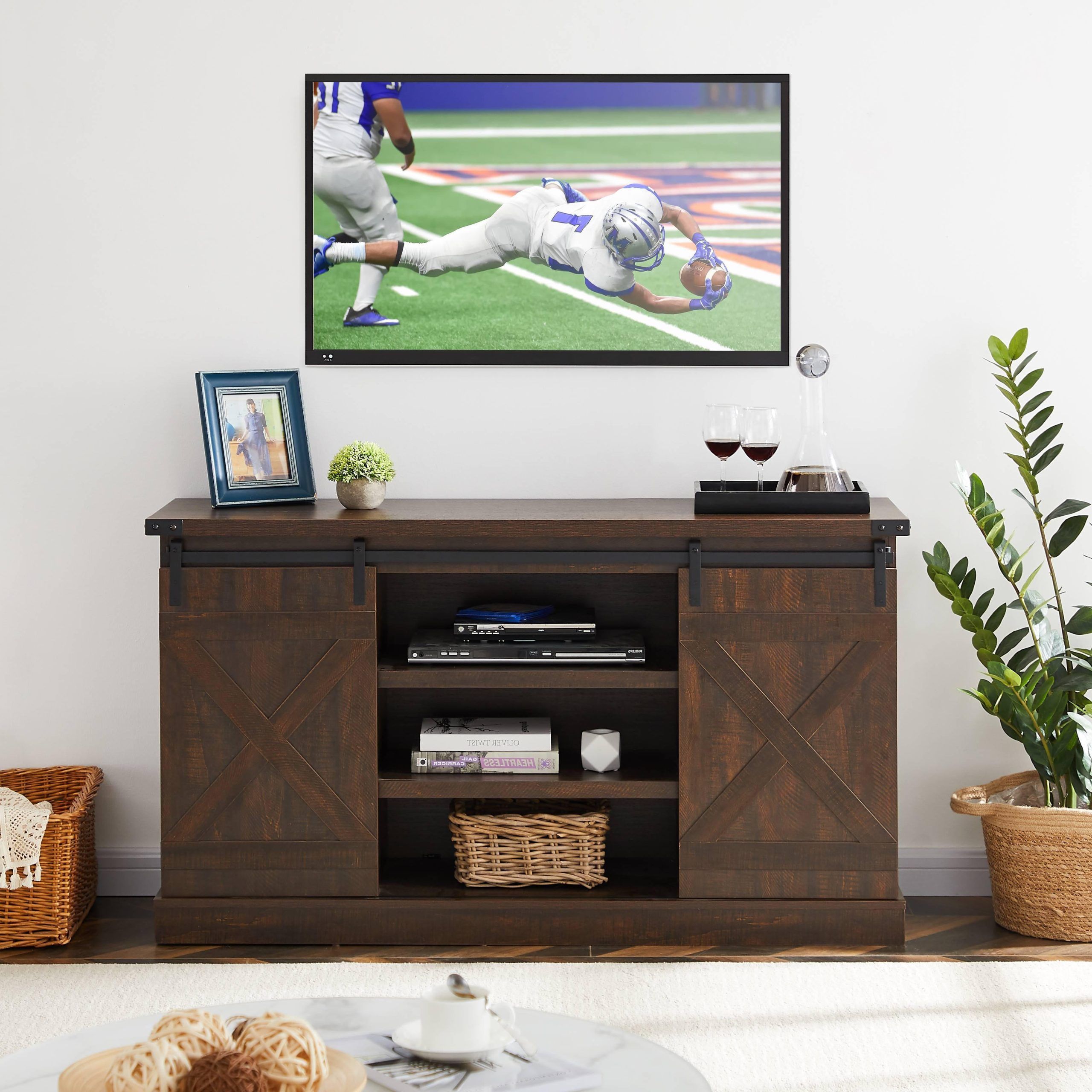 Cafe Tv Stands With Storage In Well Known Sliding Barn Door Tv Cabinet With Storage Space And Shelf, Modern (View 13 of 15)