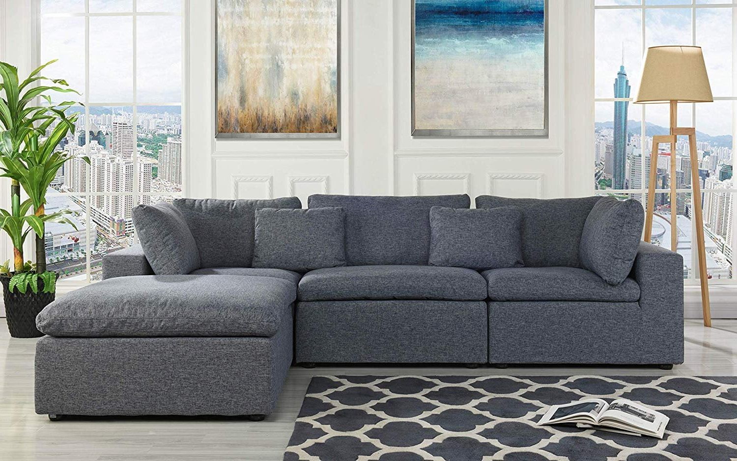 Classic Large Linen Fabric Sectional Sofa, L Shape Couch With Wide With Regard To Most Current Gray Linen Sofas (View 3 of 15)