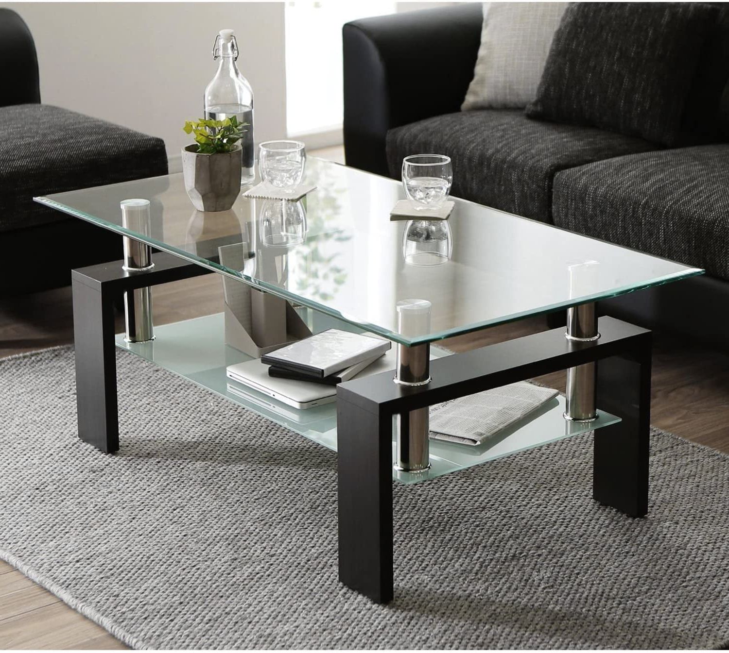 Clear Rectangle Center Coffee Tables Regarding Well Liked Buy Clear Rectangle Modern Glass Coffee Table With Lower Shelf, Metal (Photo 2 of 15)