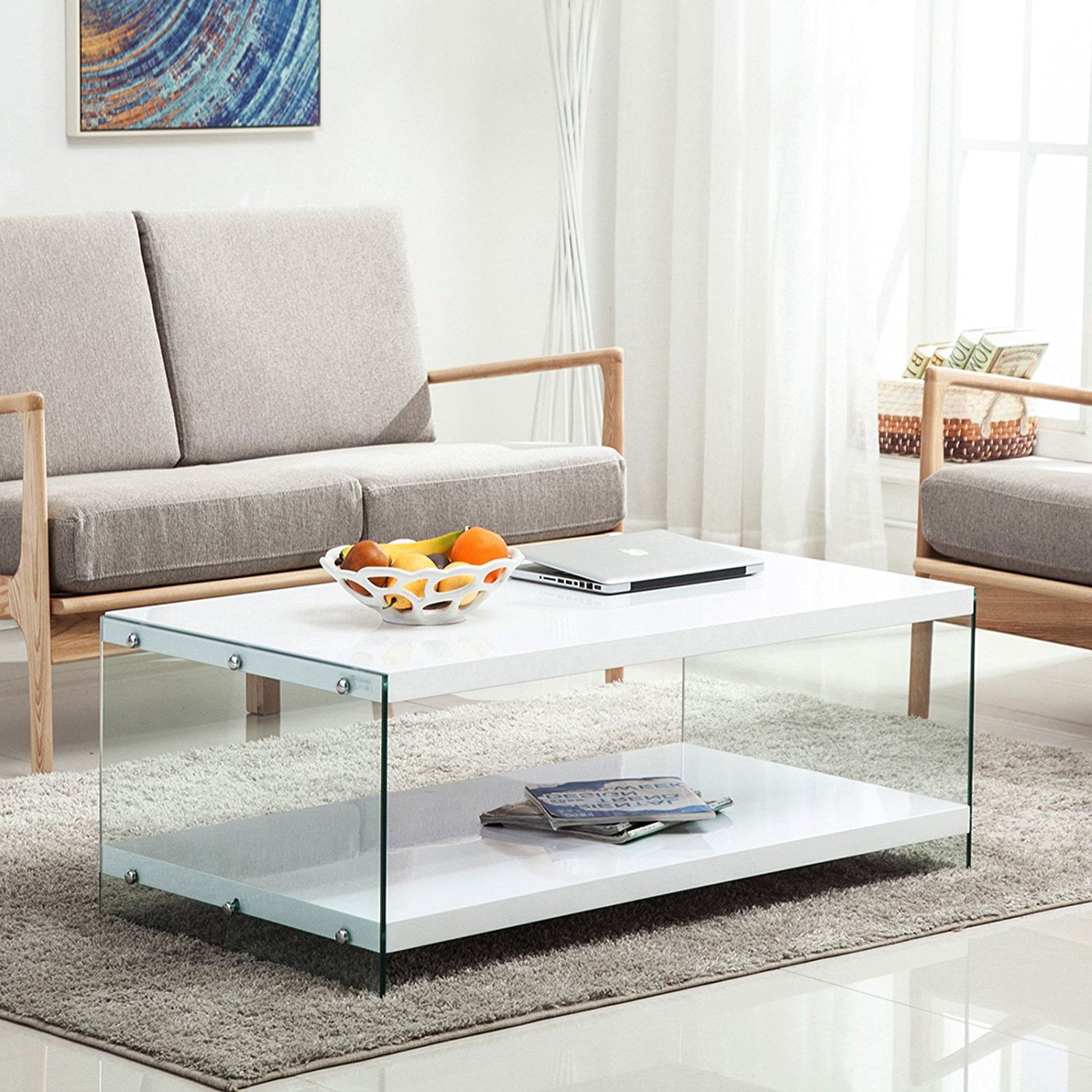 Clear Rectangle Center Coffee Tables With Regard To Fashionable Rectangular White Glass & High Gloss Coffee Table Storage Space Living (View 11 of 15)