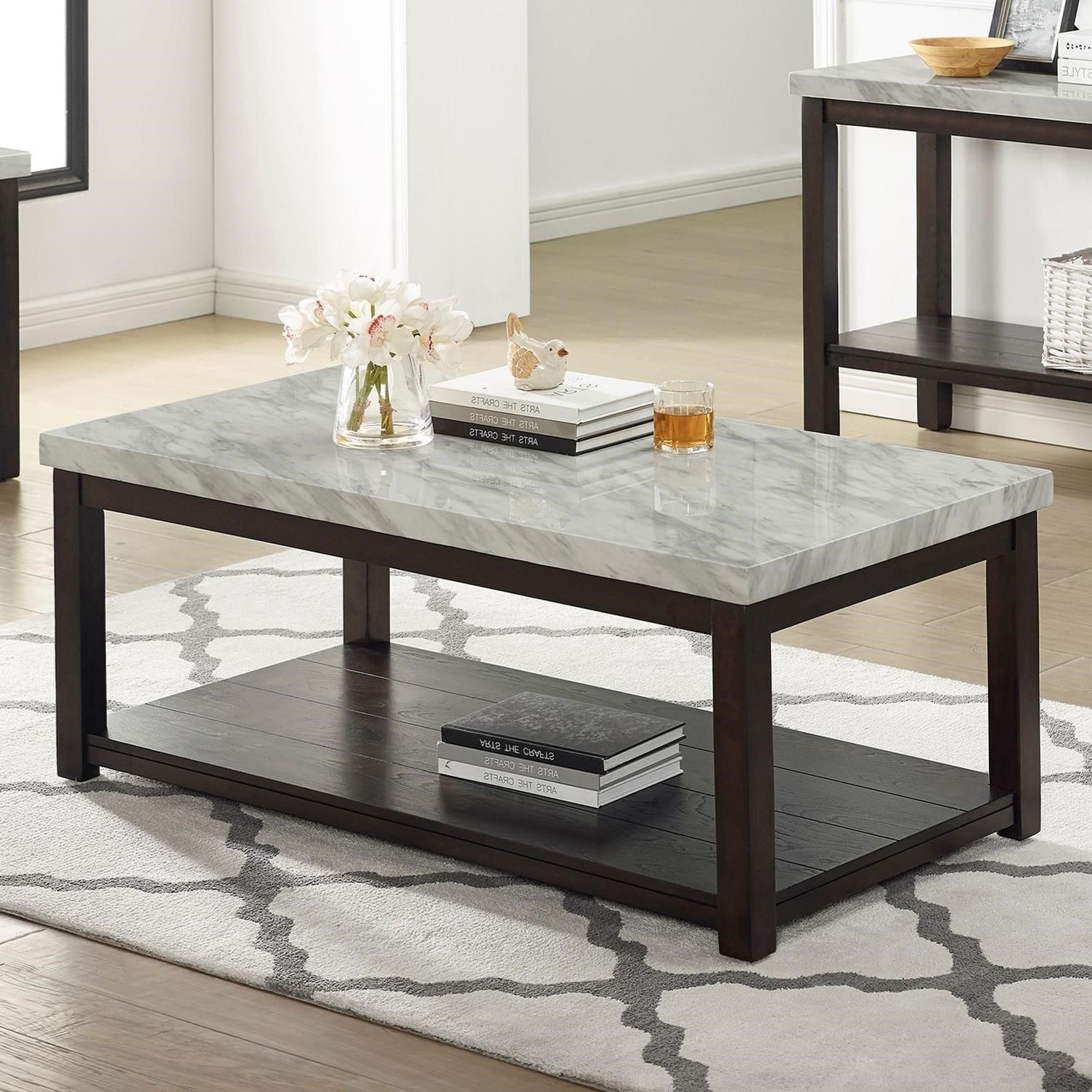 Coffee Tables With Casters For Most Popular Crown Mark Deacon Transitional Faux Marble Coffee Table With Casters (Photo 13 of 15)
